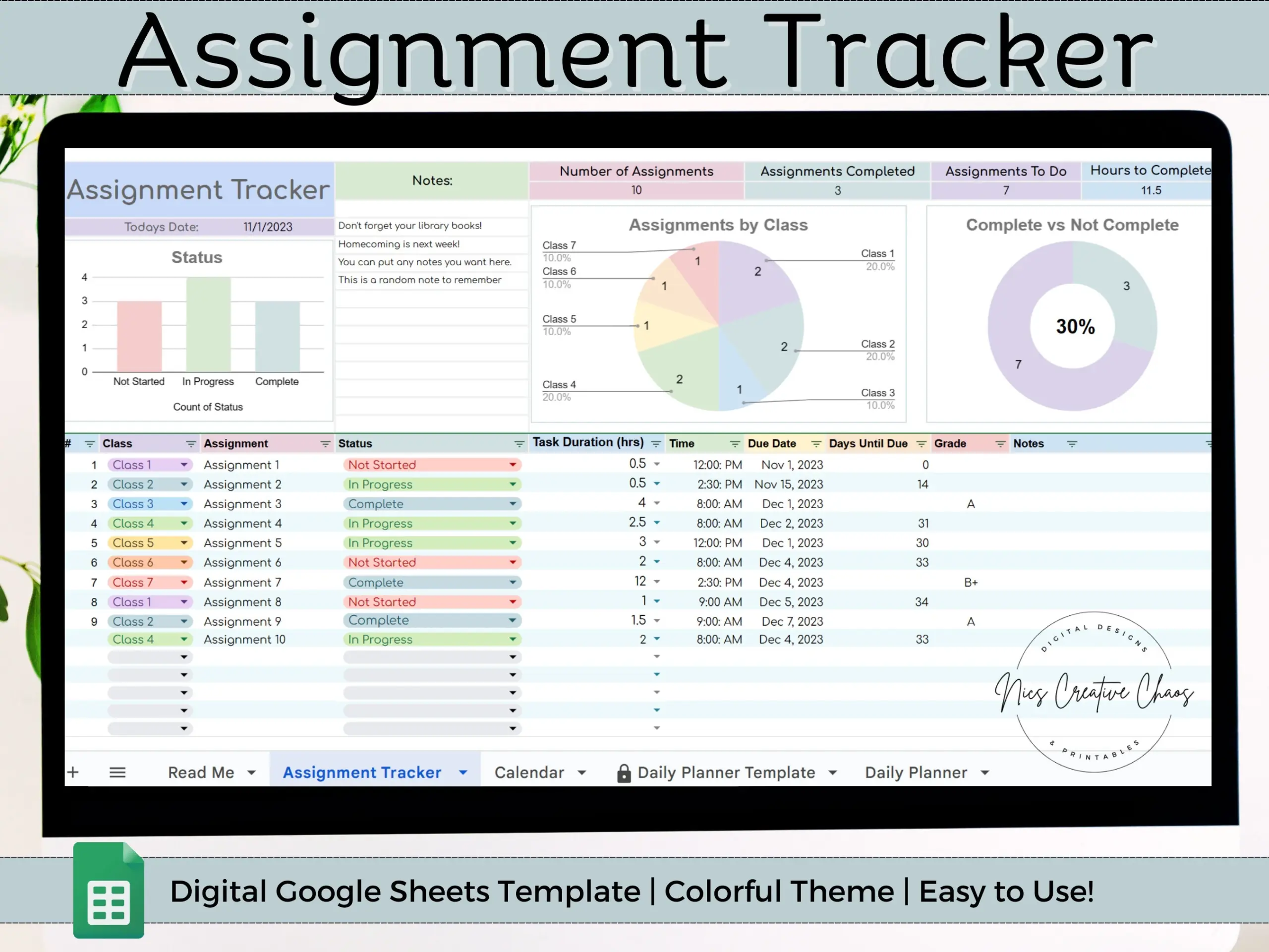 Google Sheets Assignment Tracker Spreadsheet Template College Assignment Tracker Calendar Daily Planner 3 In 1 Student Planner School Etsy