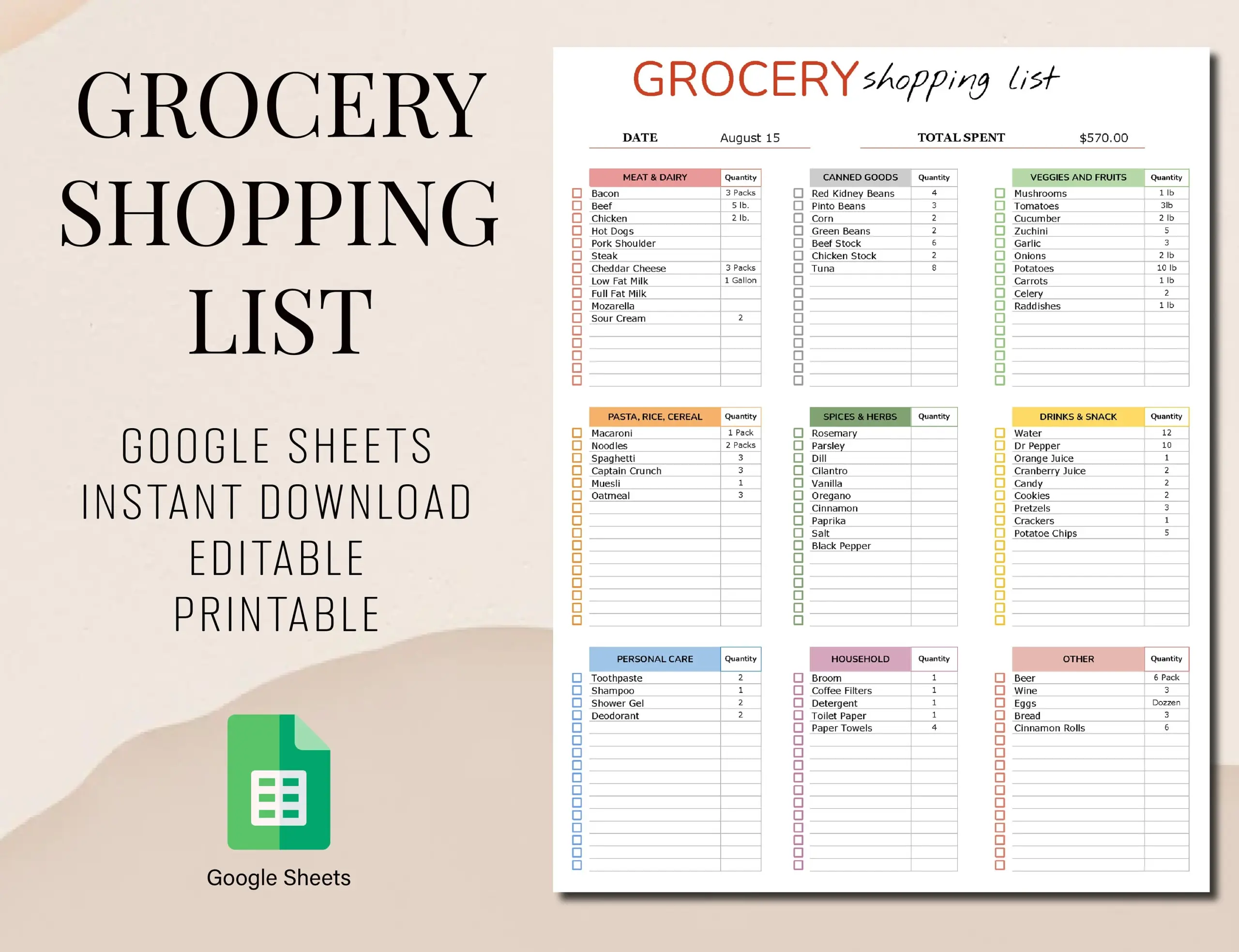 Grocery List Template Editable Shopping List Spreadsheet google Sheets Instant Download Etsy India