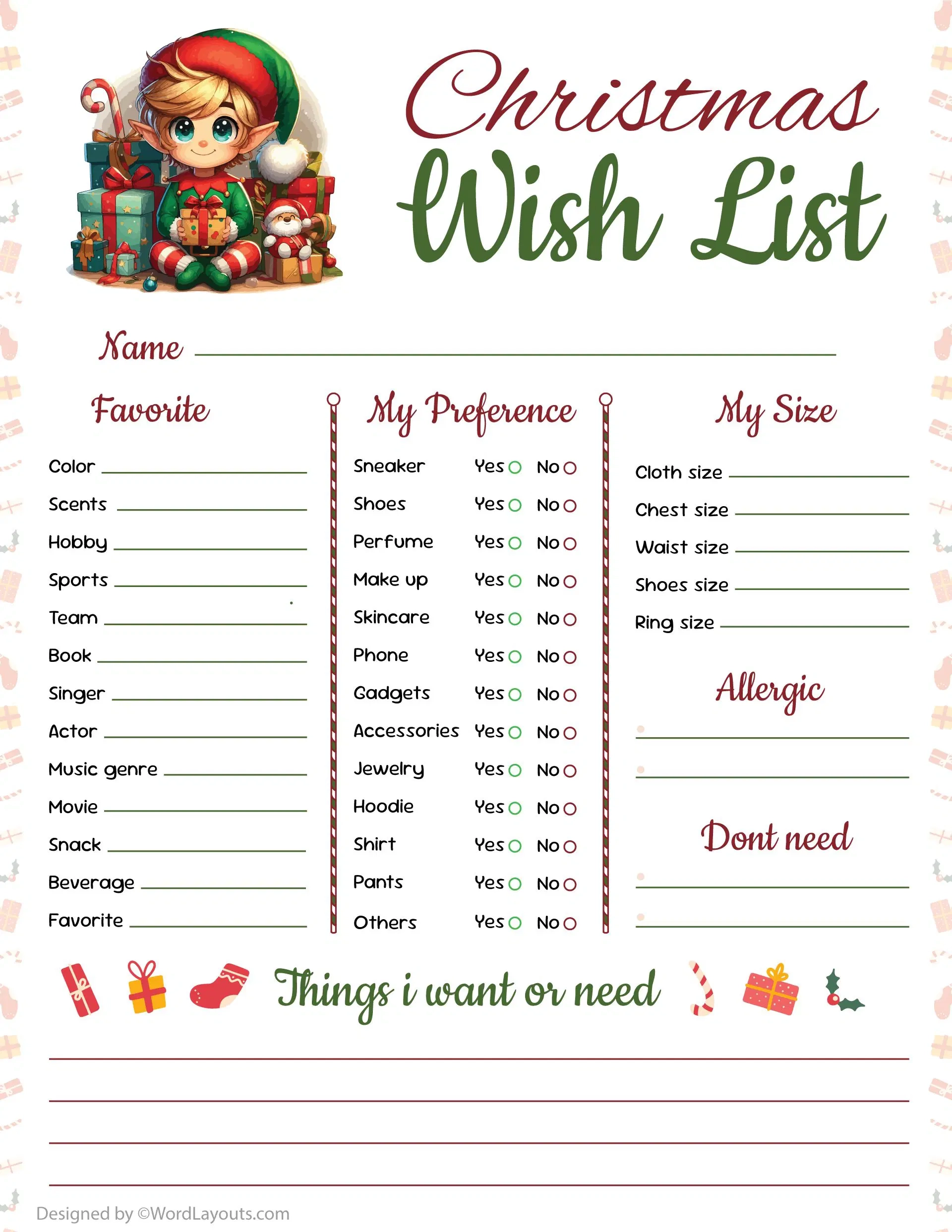 Holiday Gift Planning Christmas Wish List Template WordLayouts