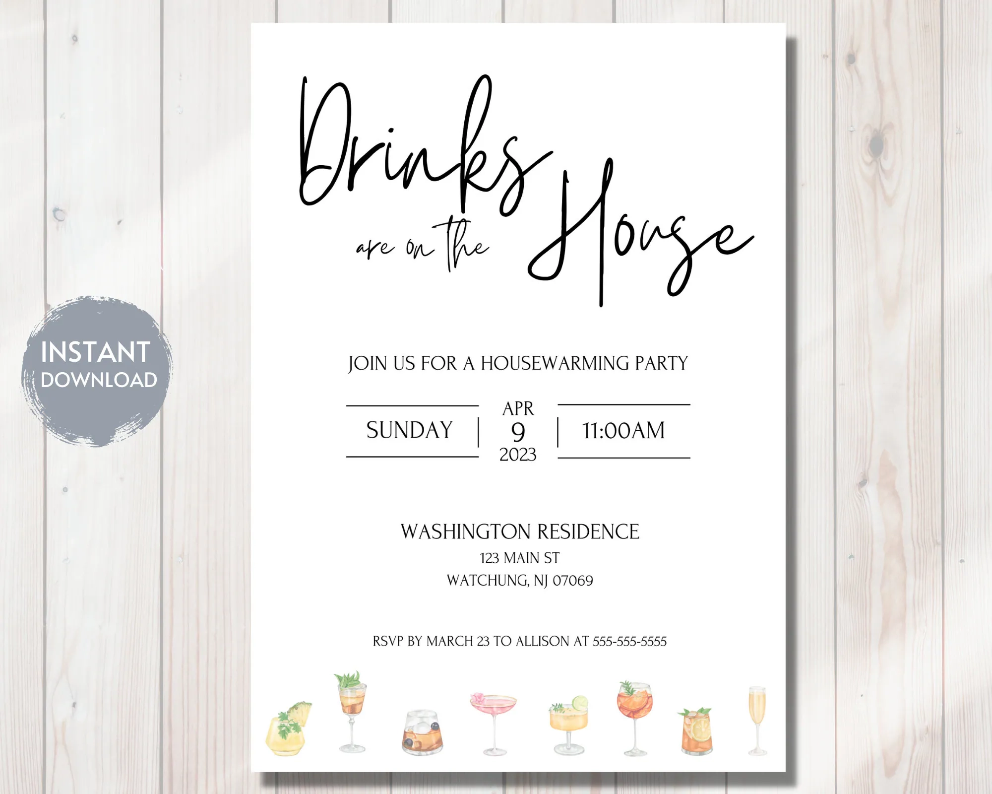 Housewarming Party Invitation Template Cocktails Printable digital Download Etsy