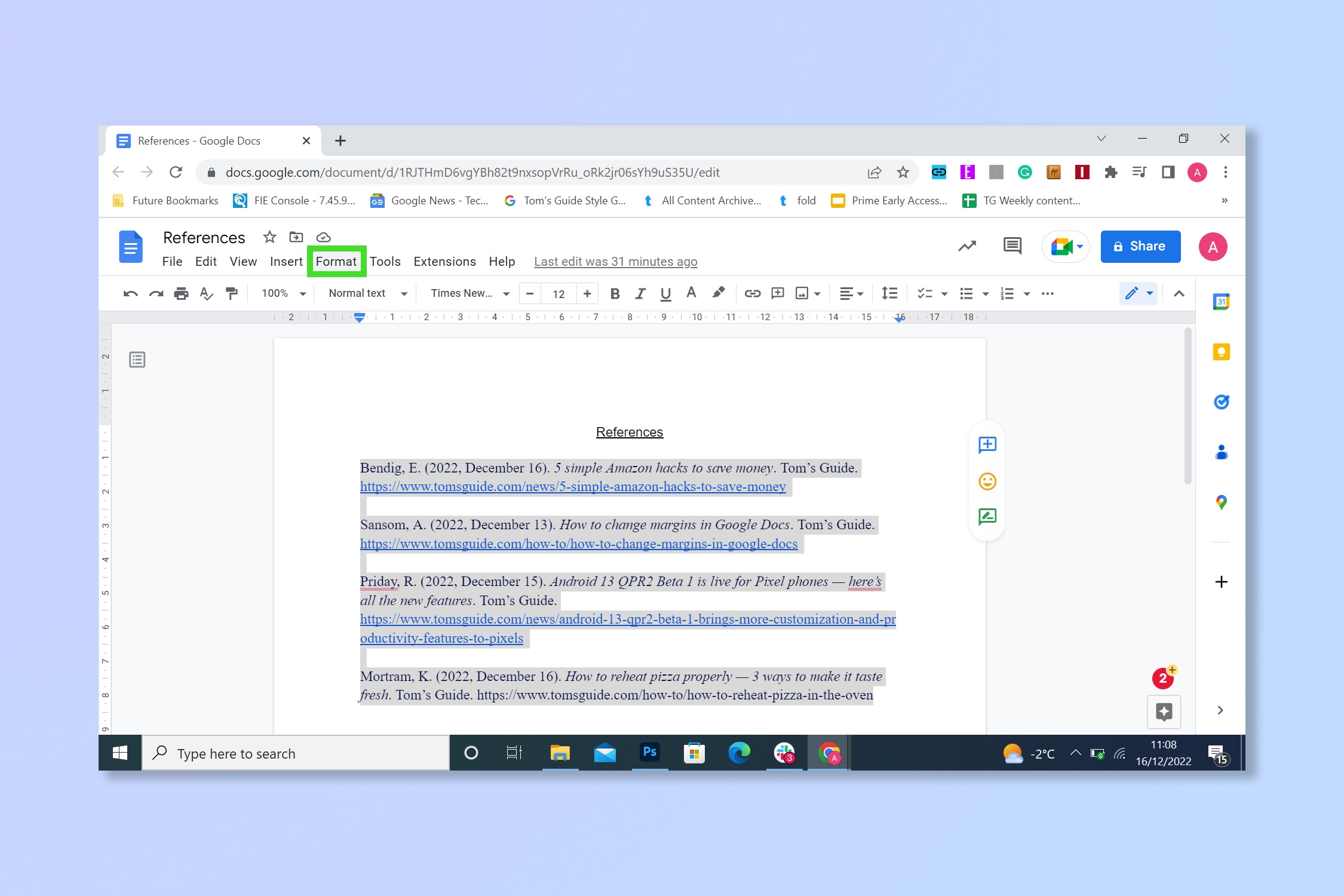 hanging indent on google docs