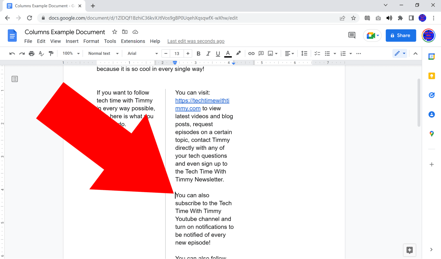 column in google docs