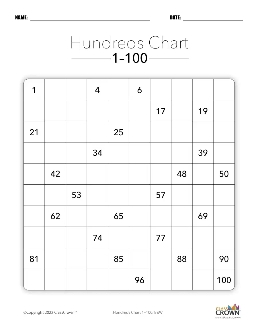 Hundreds Chart 1 100 25 Filled BW Chart ClassCrown