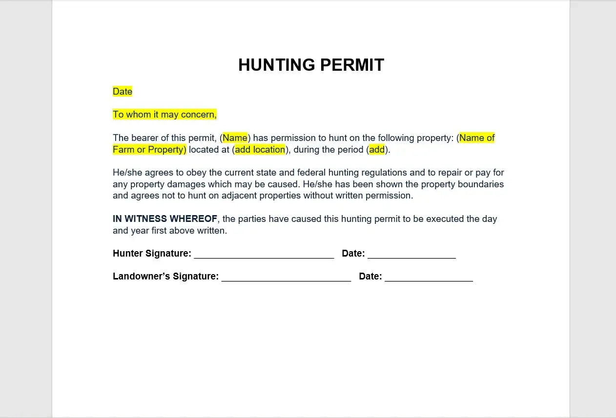 Hunting Permit Agreement Hunting Permit Agreement Template Hunting Permit Permit Template Word Template Simple Template Etsy