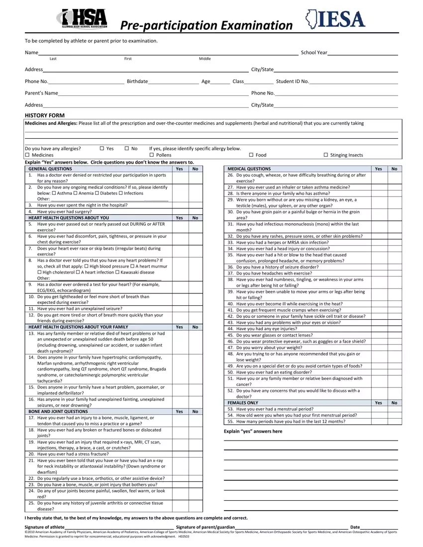 Illinois Pre Participation Physical PDF Form FormsPal