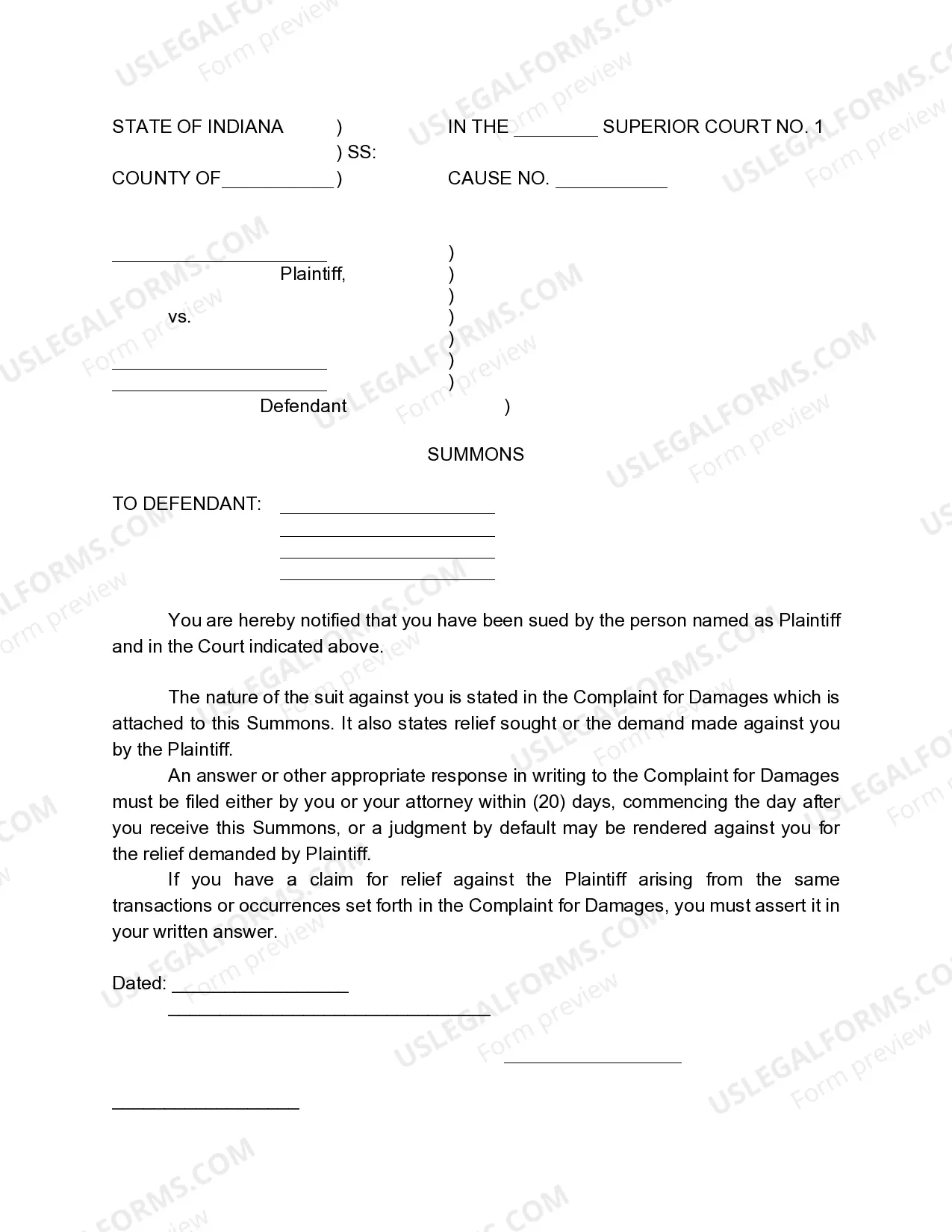 Indiana Summons And Service Of Process US Legal Forms