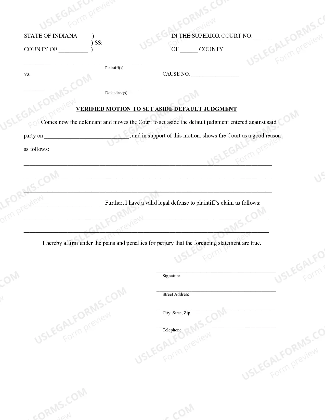 Indiana Verified Motion To Set Aside Default Judgment US Legal Forms
