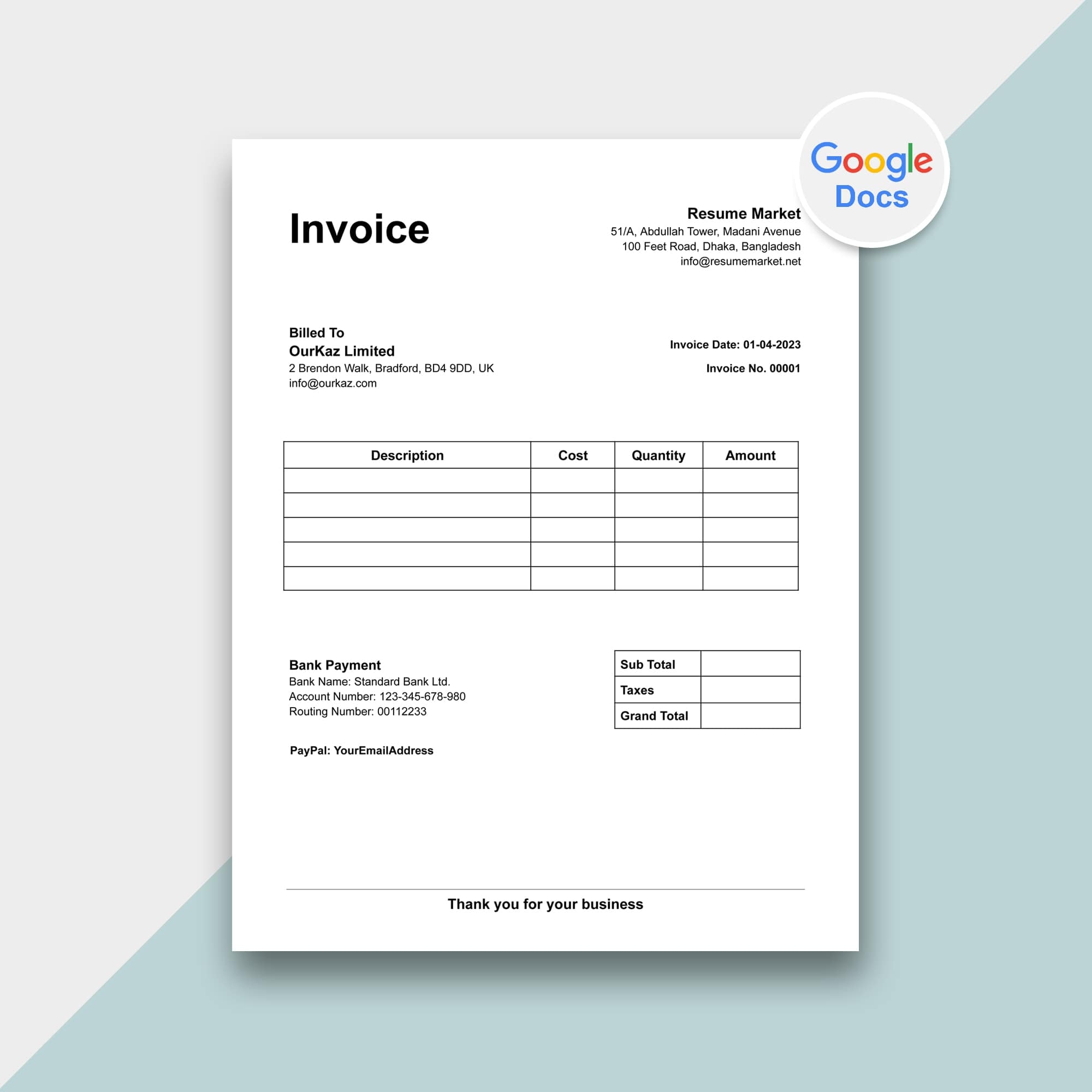google docs invoice template free