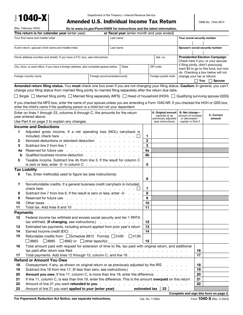 IRS Form 1040 X Download Fillable PDF Or Fill Online Amended U S Individual Income Tax Return Templateroller