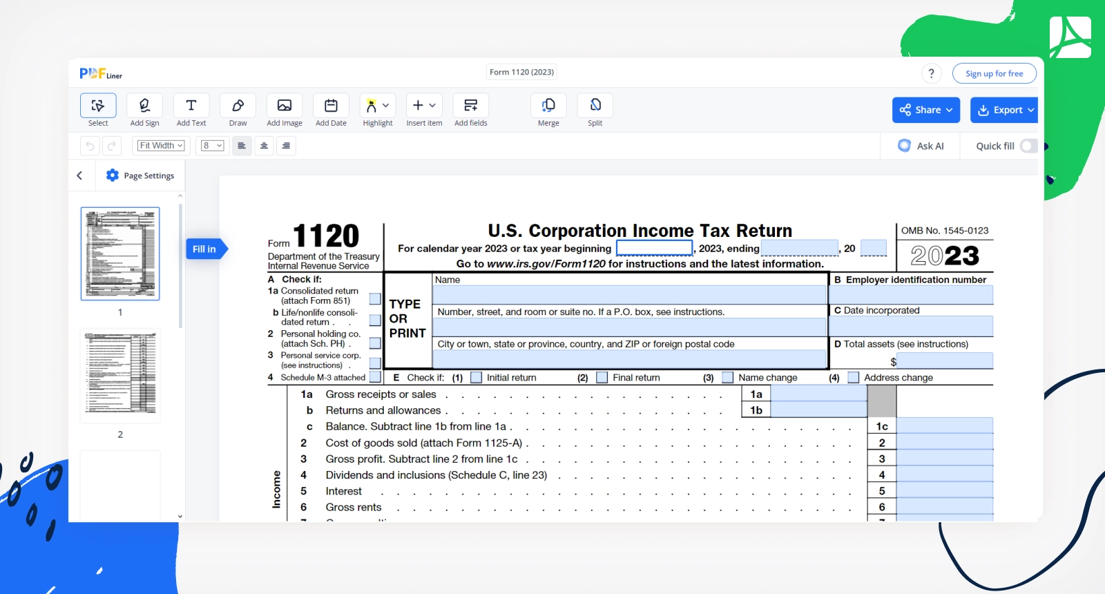 IRS Form 1120 2024 Edit Download And Send Online PDFliner
