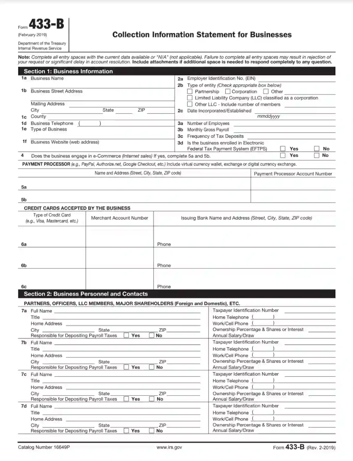 IRS Form 433 B Fill Out Printable PDF Forms Online