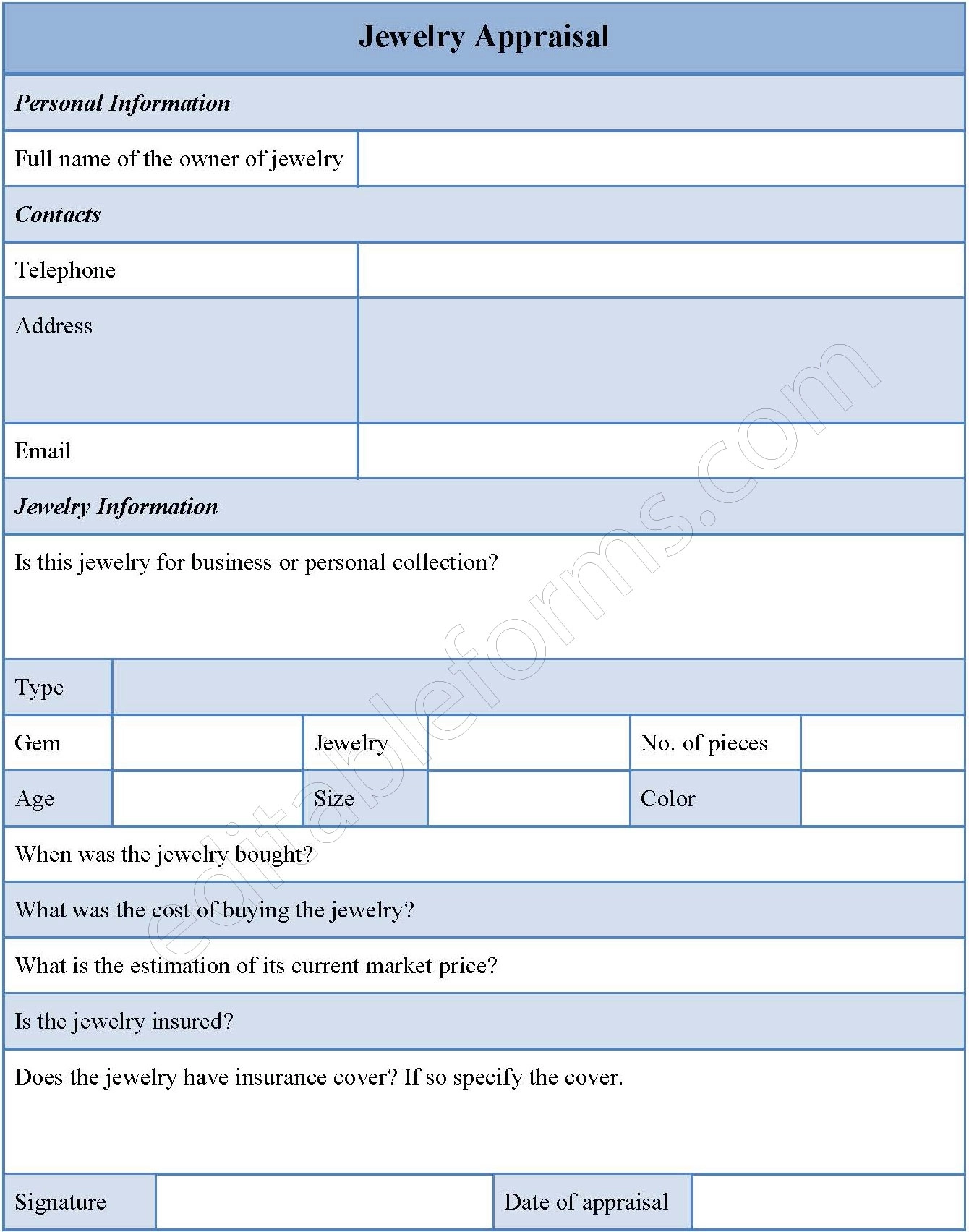 Jewelry Appraisal Fillable PDF Form Editable PDF Forms