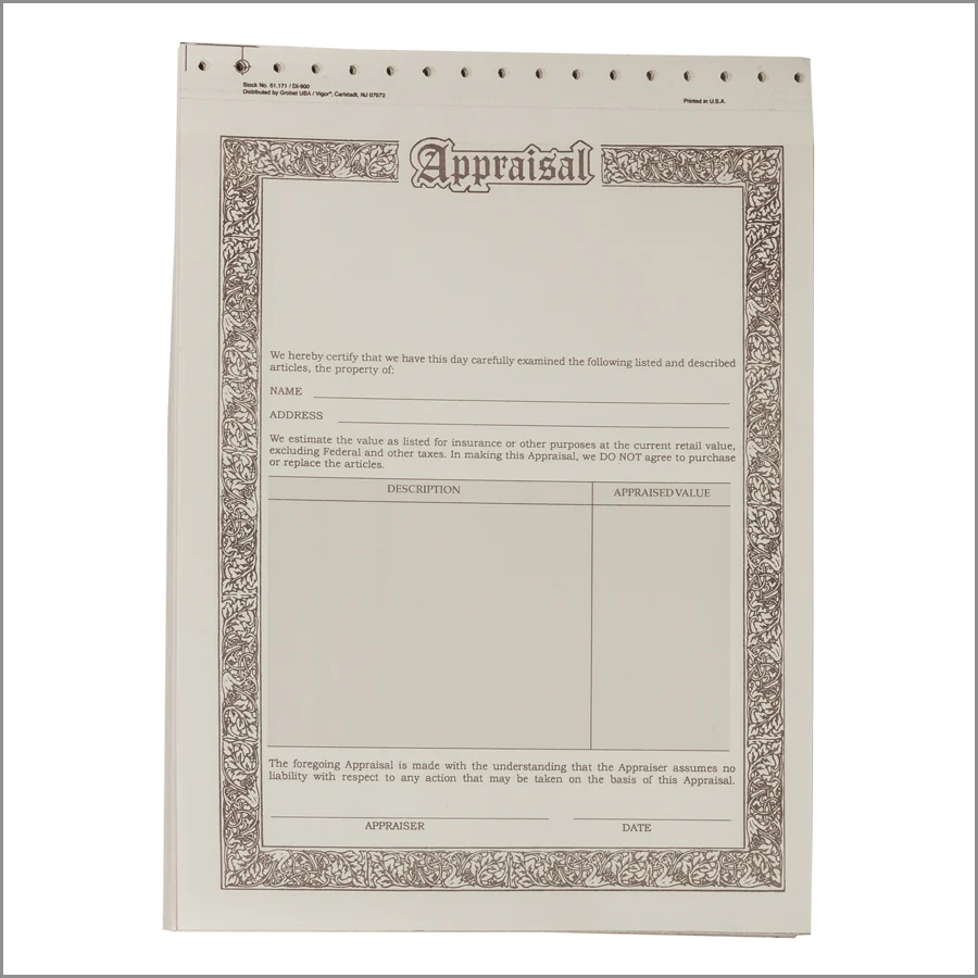 JEWELRY APPRAISAL FORMS PKG OF 50 JEWELRY APPRAISAL FORMS Uptowntools