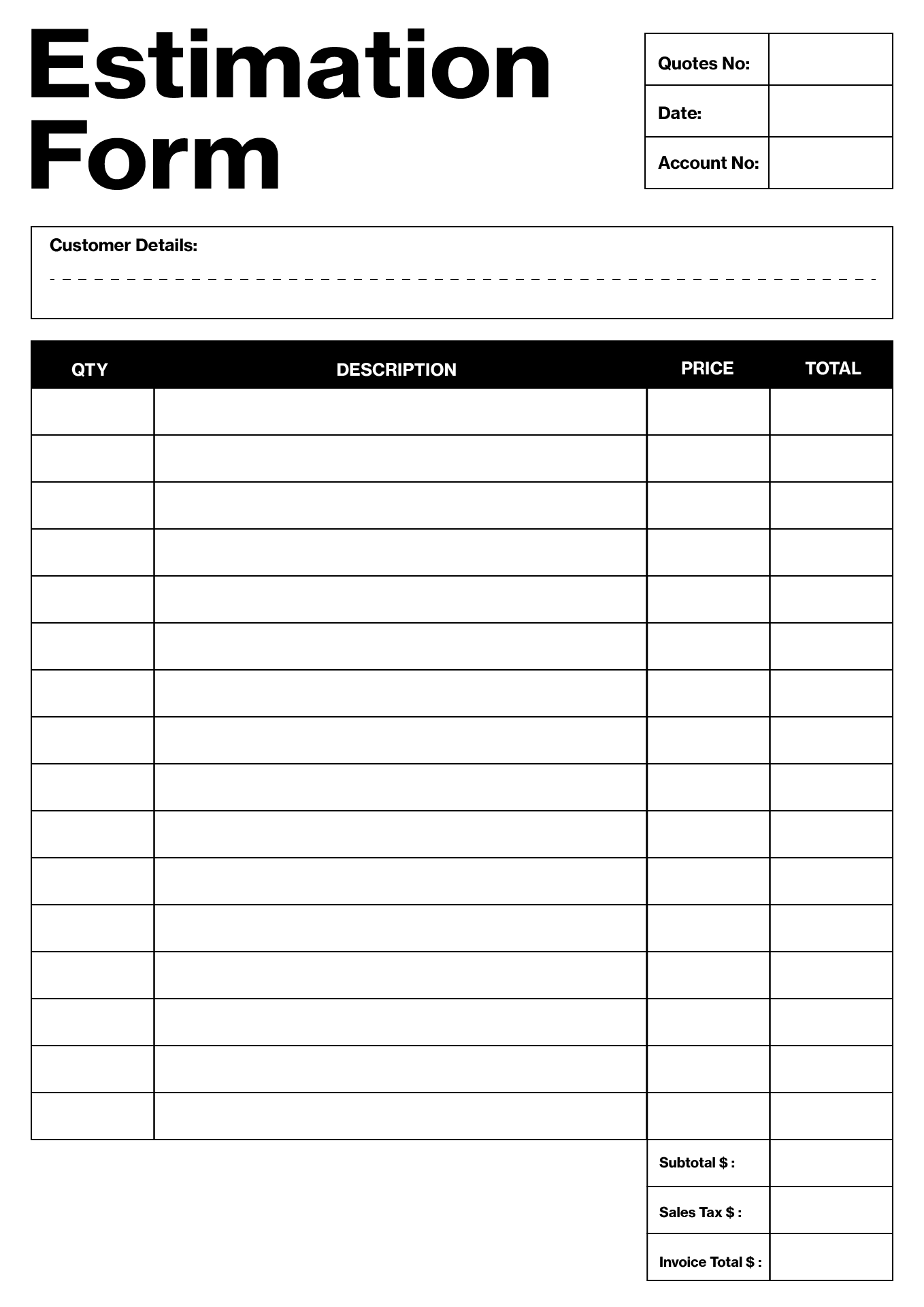 Job Estimate Blank Free Printable Estimate Forms Printable Party Favors