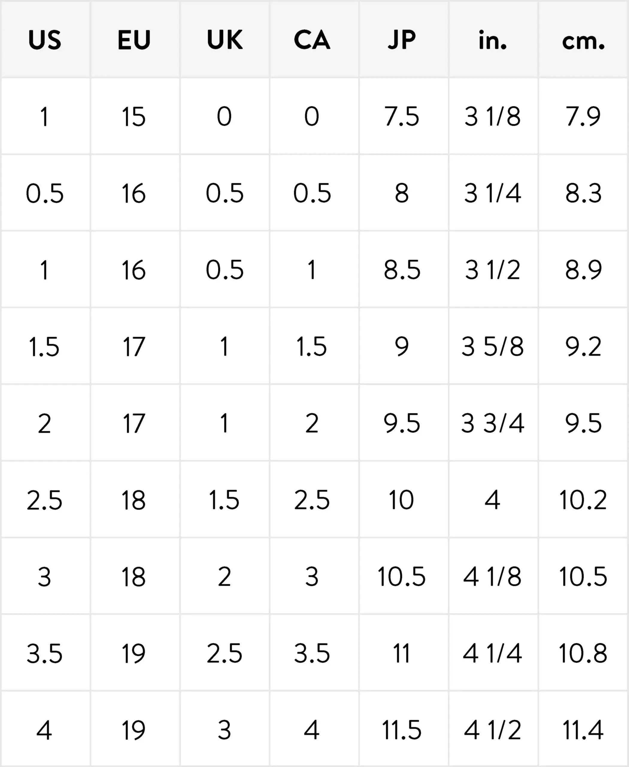 printable shoe size chart