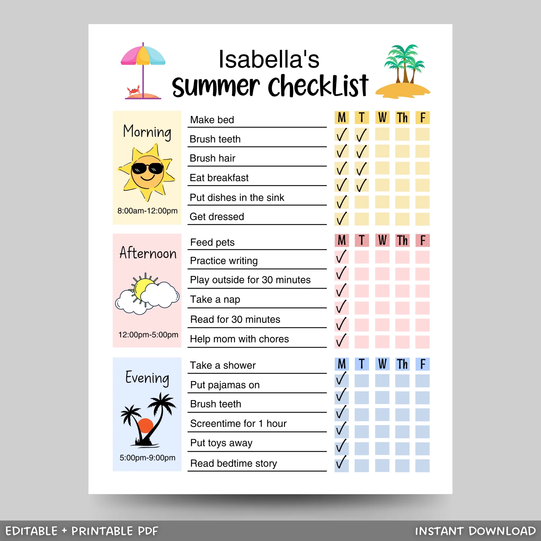 Kids Summer Daily Checklist Schedule Printable Editable Chore Chart Scribbled LLC