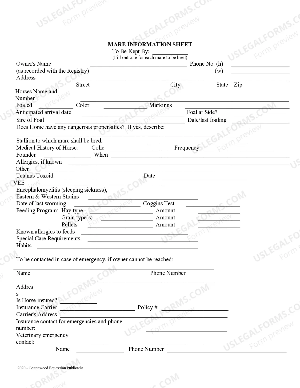 Lakeland Florida Mare Information Sheet Horse Equine Forms US Legal Forms