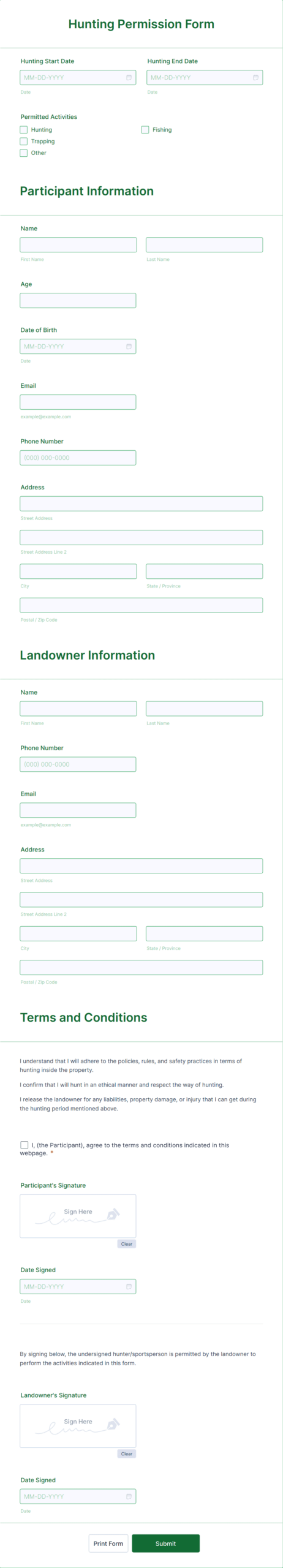 Landowner Hunting Permission Form Template Jotform