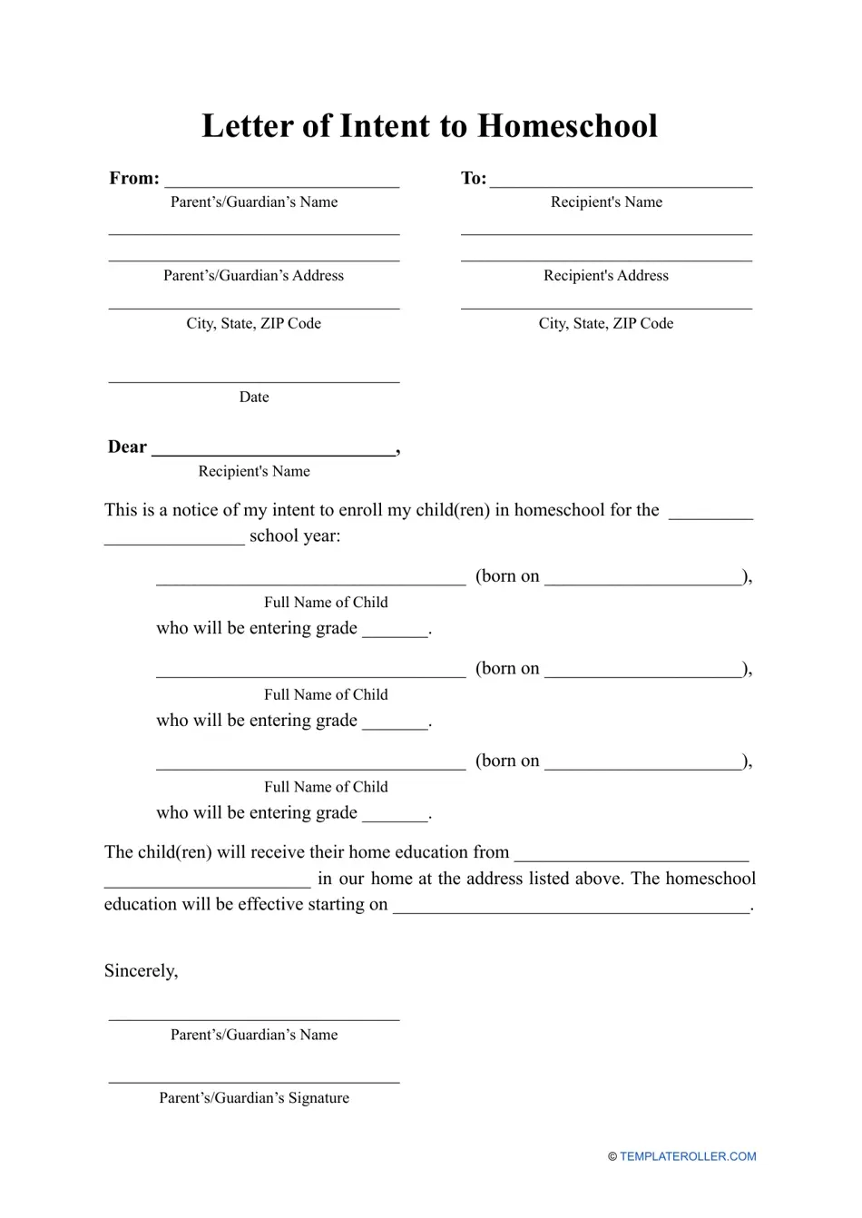Letter Of Intent To Homeschool Template Download Printable PDF Templateroller
