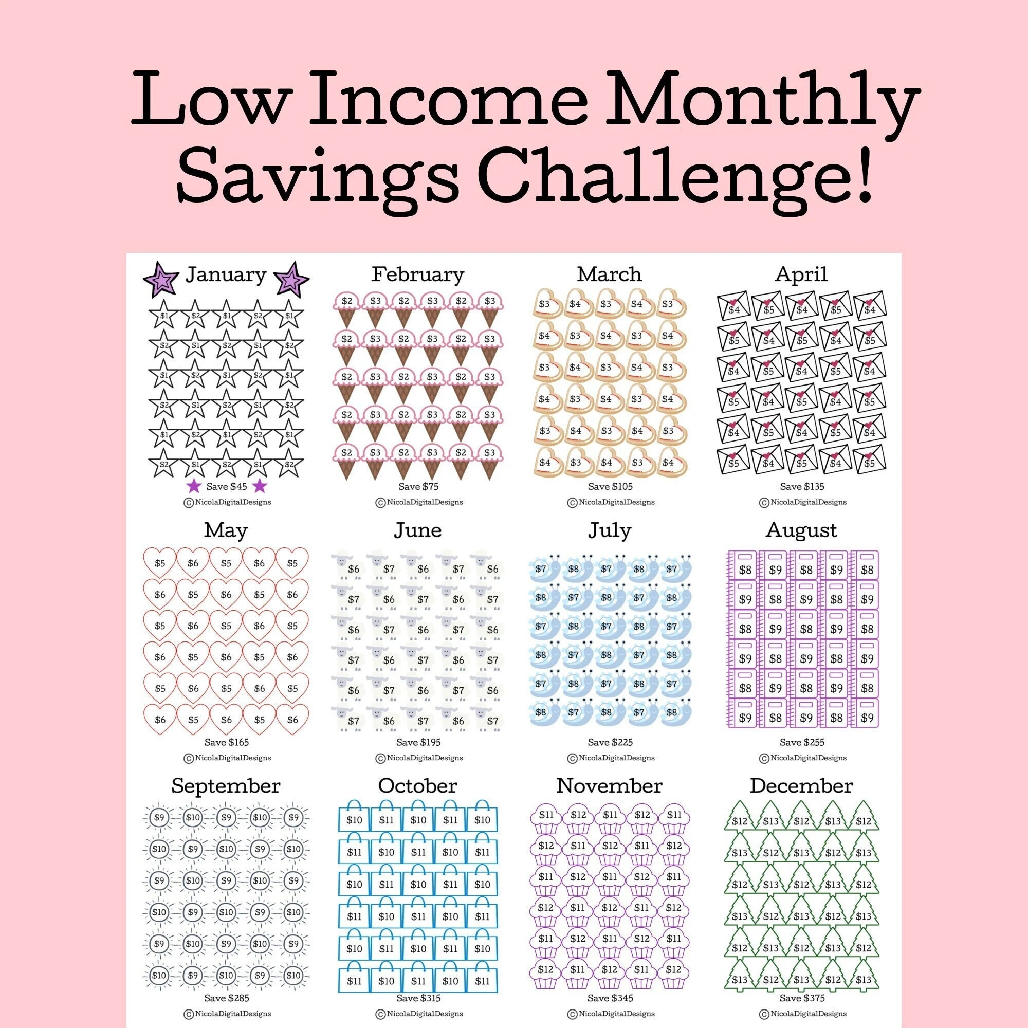 Low Income Monthly Savings Challenge Bundle Money Saving Challenge Low Income Savings Monthly Savings Savings Tracker Printable Etsy