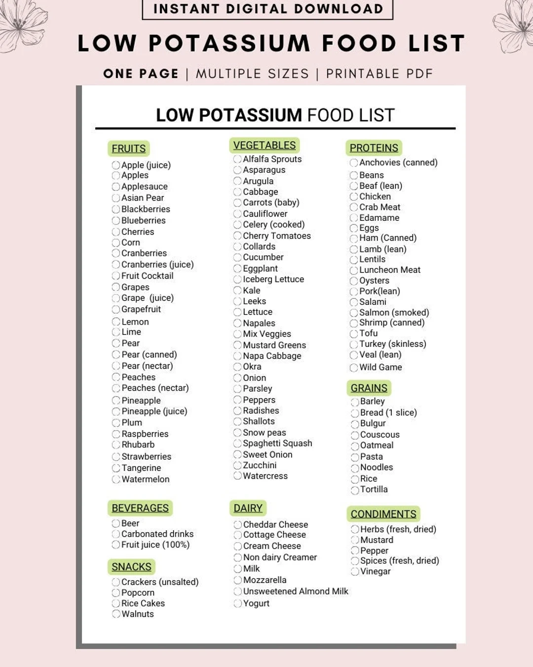 Low Potassium Food List Renal Diet Guide digital Download Etsy Israel