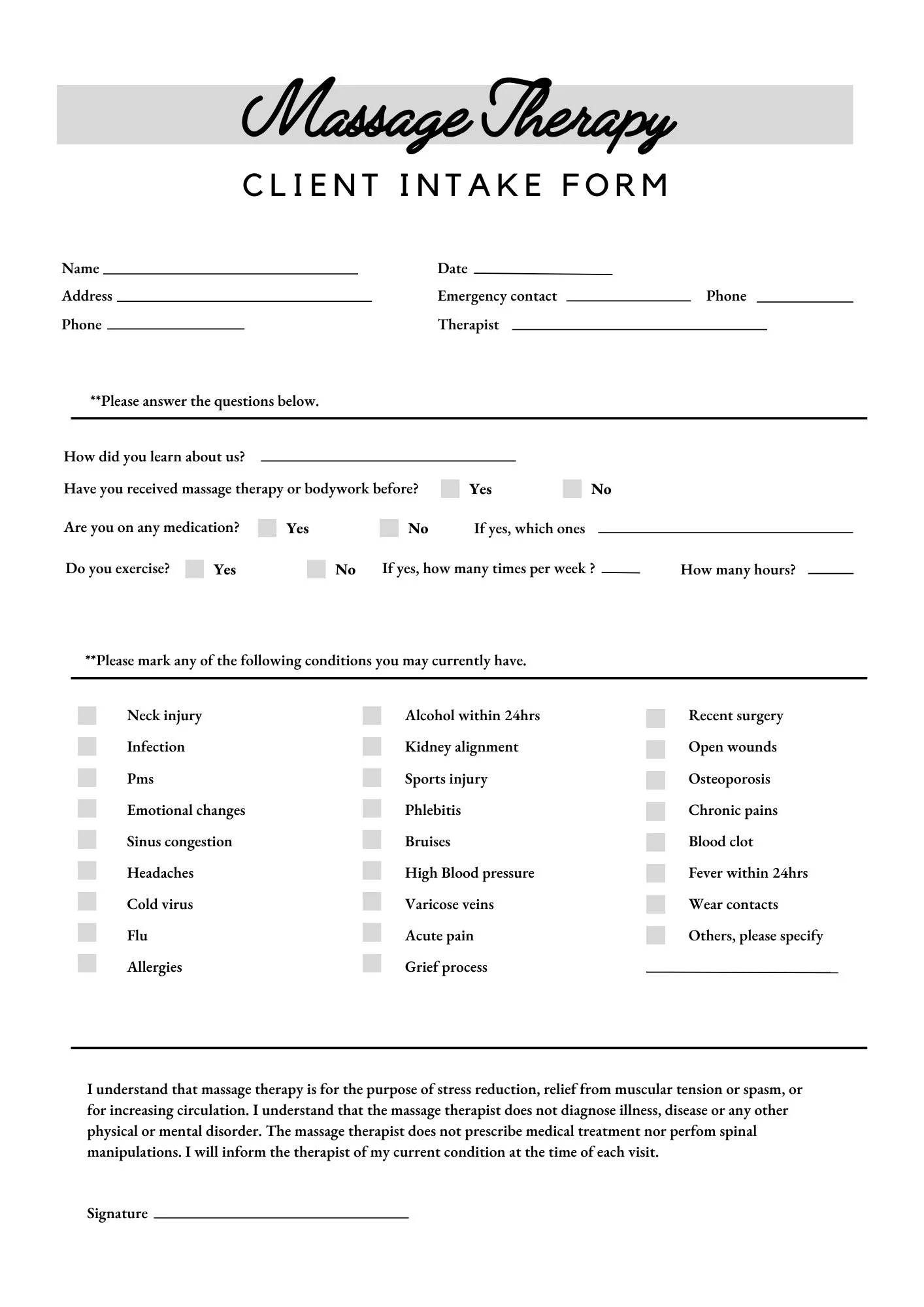 Massage Therapy Form Printable Forms Etsy