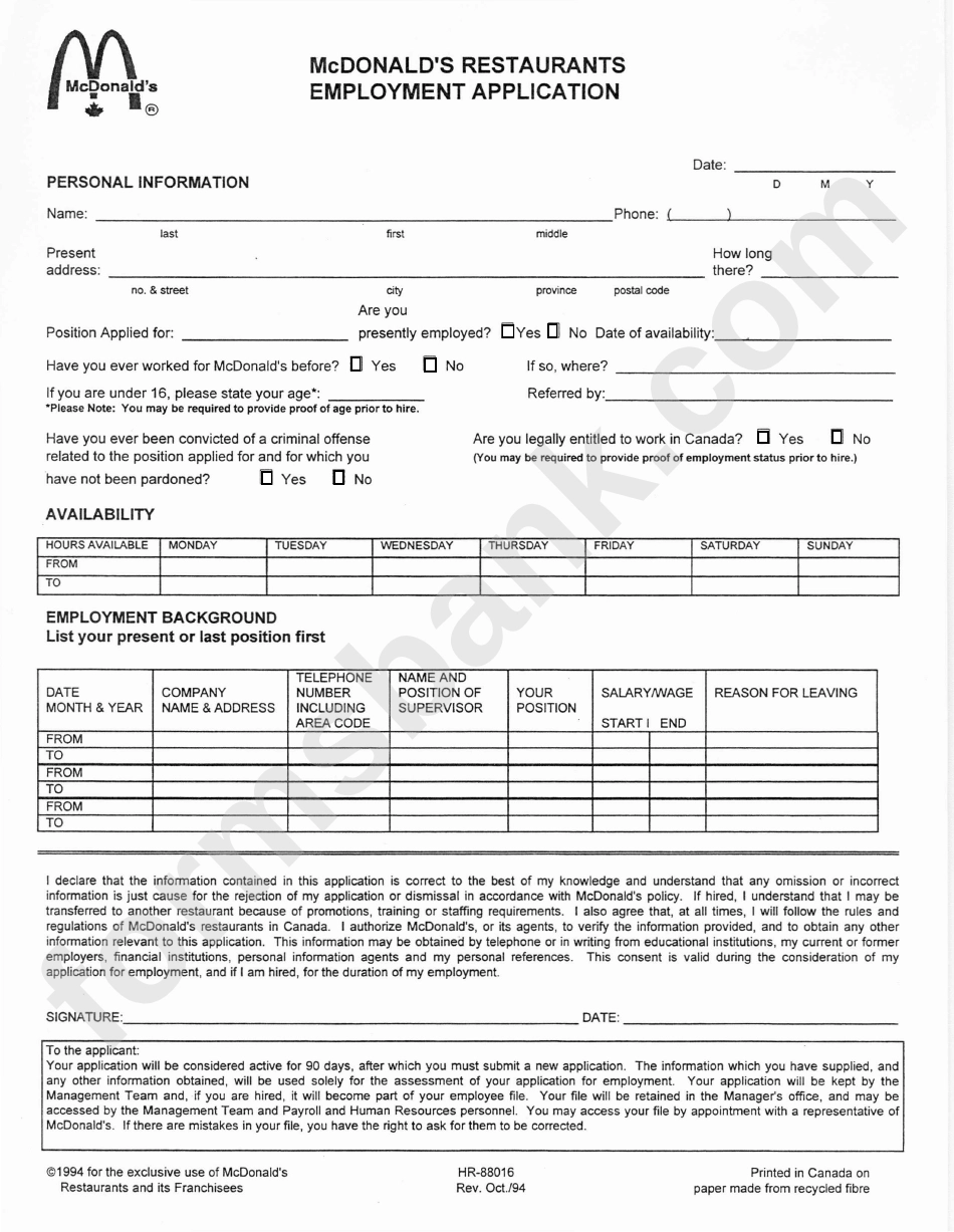 Mcdonald Employment Application Printable Printable Art Activities
