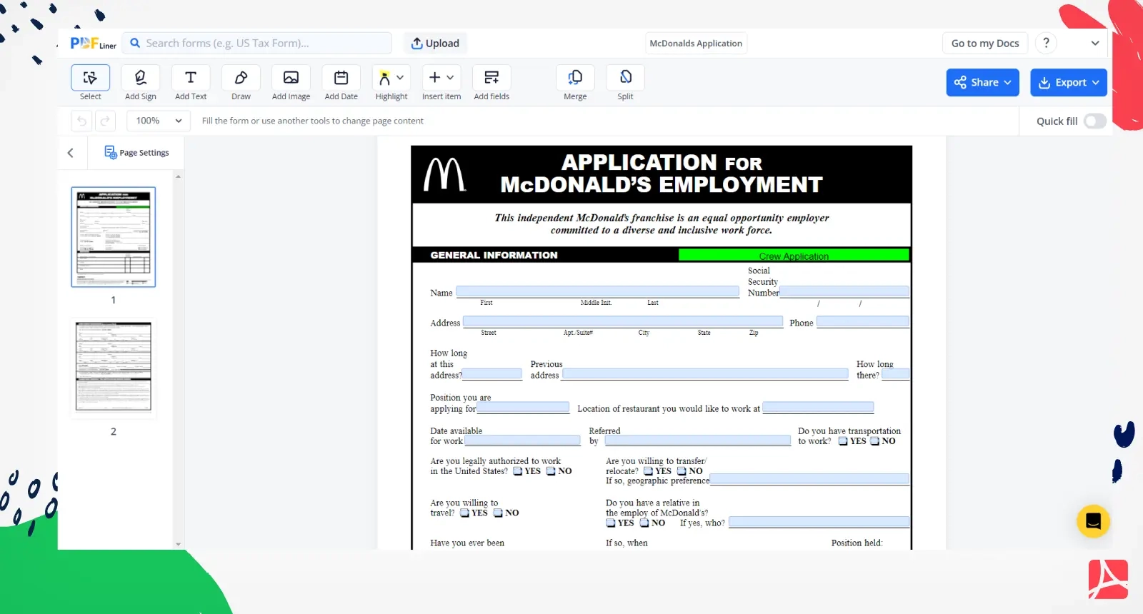 McDonalds Job Application PDF Blank Sign Forms Online PDFliner