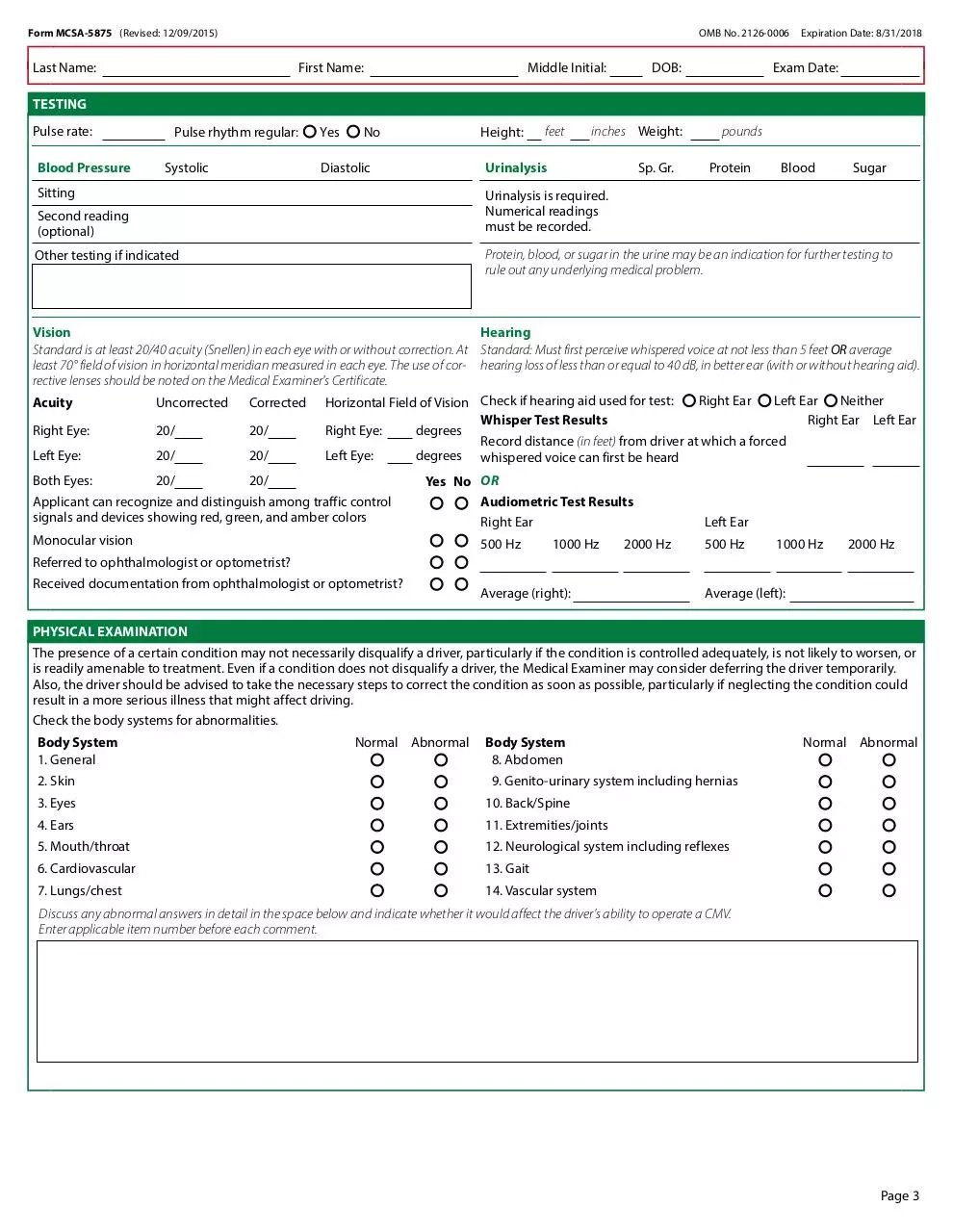 Medical Examination Report MER Form MCSA 5875 DOT FORM MOD 02 26 2016 NH ECOMP DOT FORM Pdf PDF Archive
