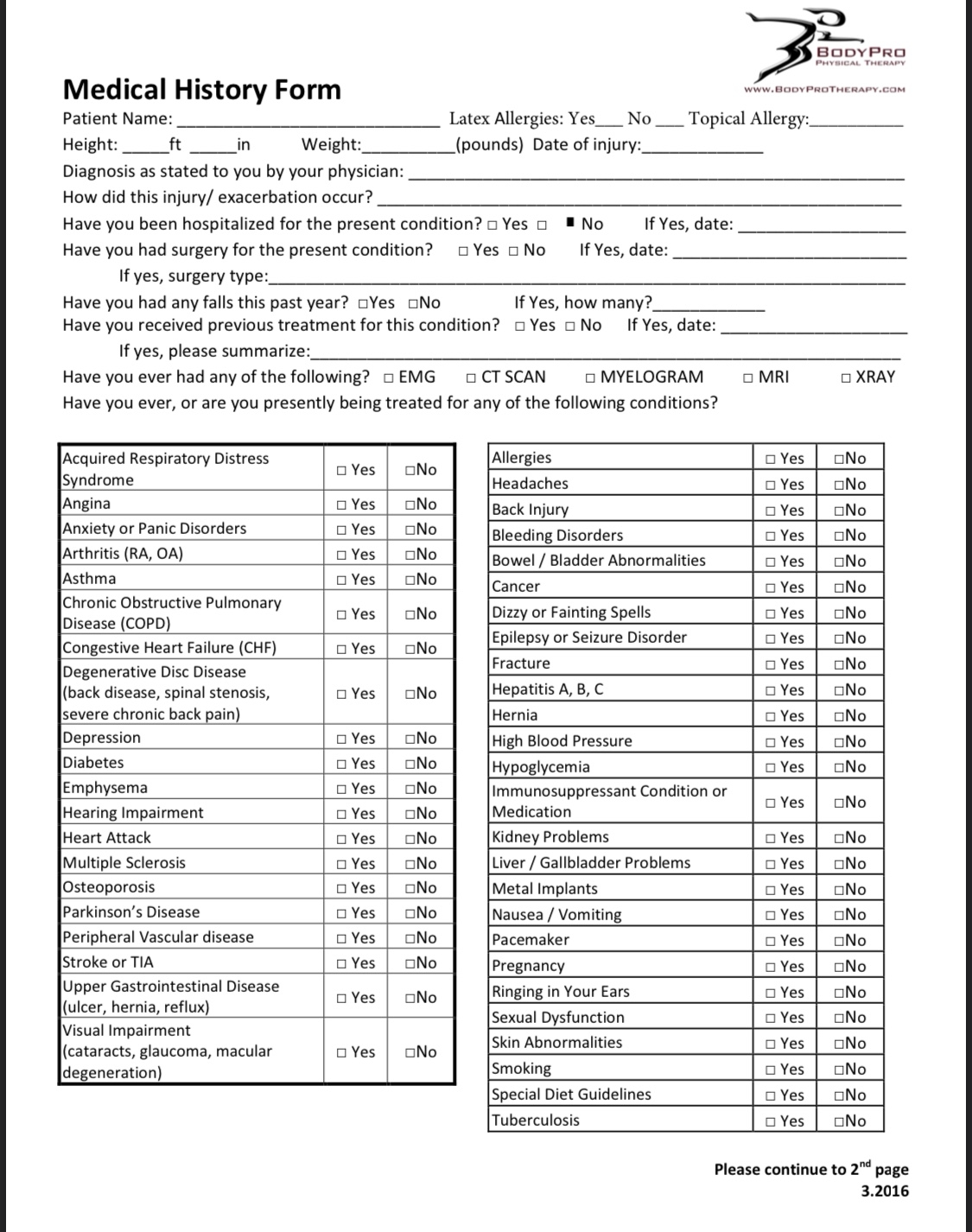 printable health history form