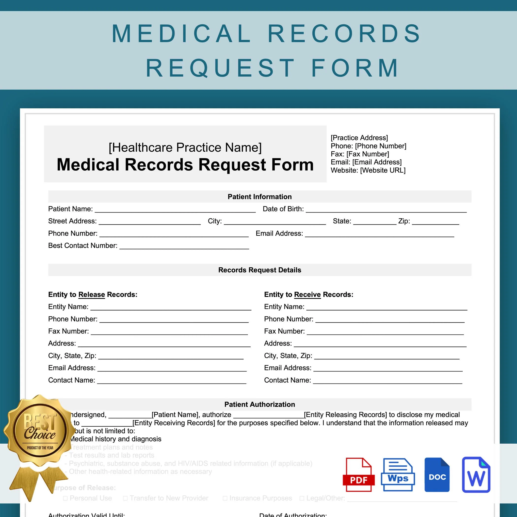 Medical Records Request Form Template Printable Healthcare Medical Records Release Form Editable For Healthcare Providers Etsy