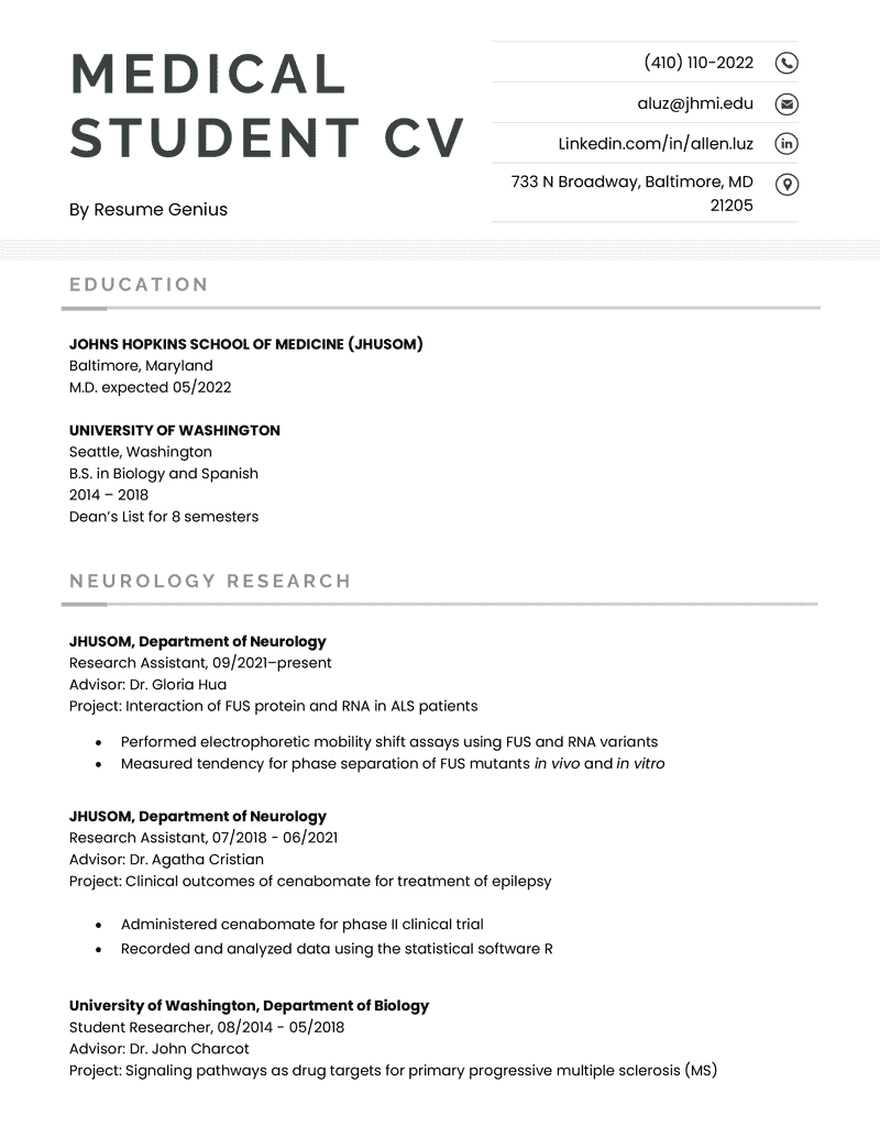Medical Student CV Examples And Tips Resume Genius