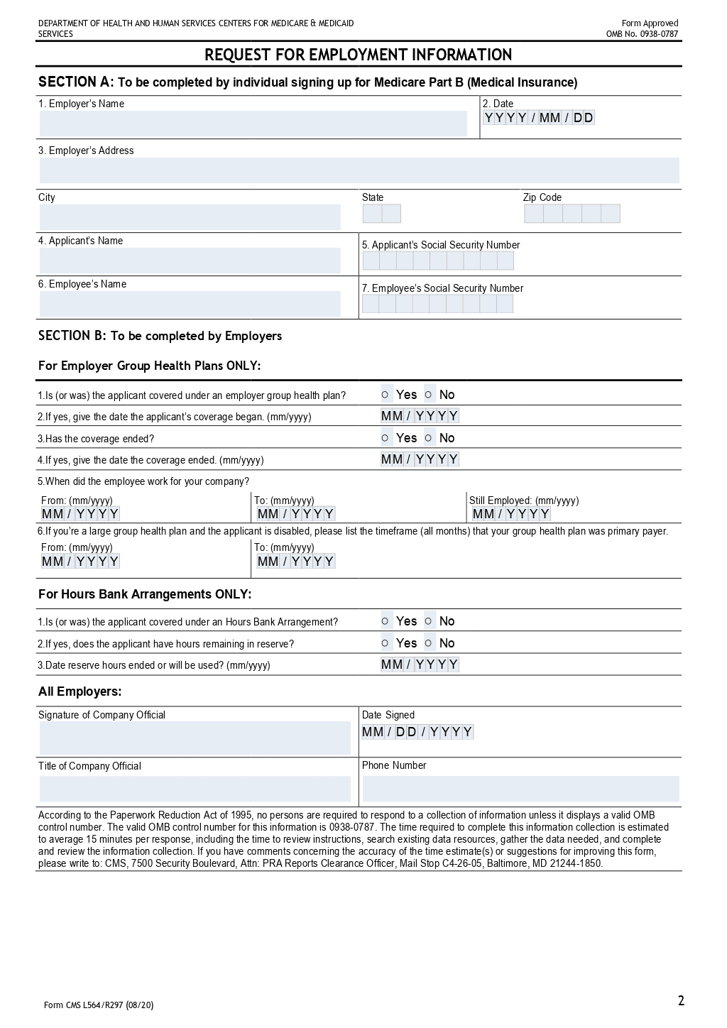 Medicare Form Cms L564 Request For Employment Information Printable
