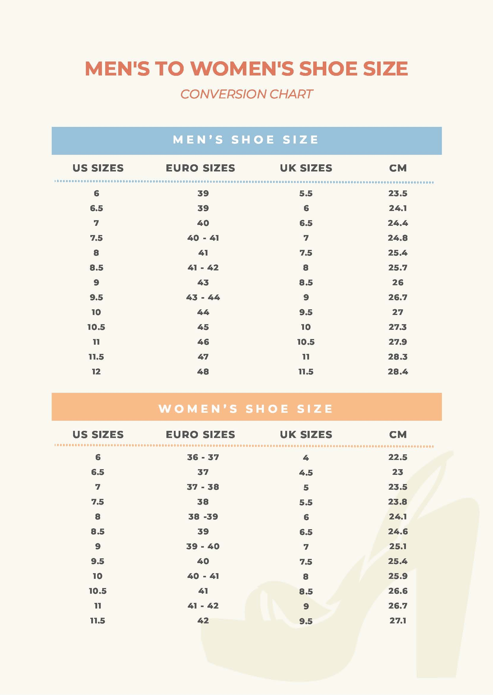 Men s To Women s Shoe Size Conversion Chart In PDF Download Template