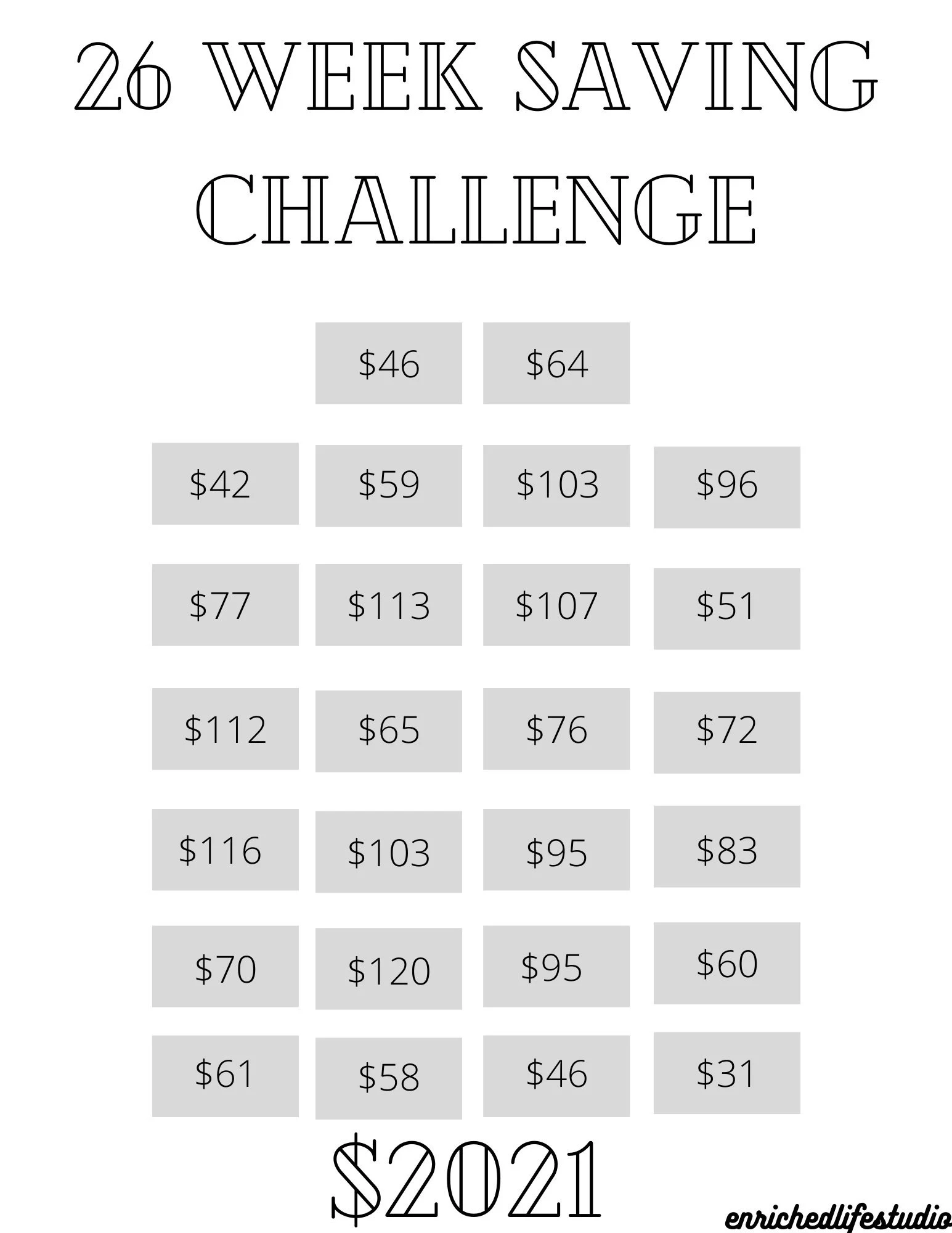 Money Saving Challenge Printable Save 2021 In 26 Weeks Etsy
