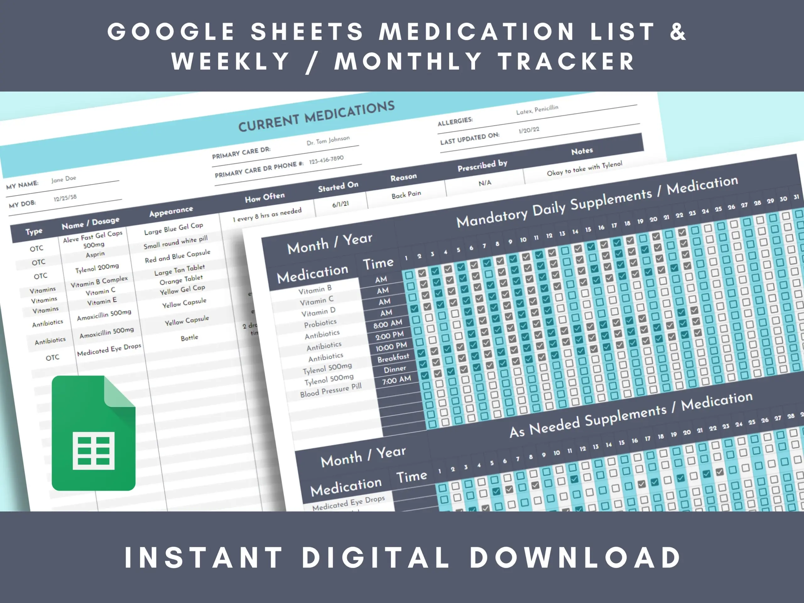 Monthly Medication Tracker List Google Sheets Medical Information Log Supplements Daily Reminder Take Your Pills Digital Download Etsy