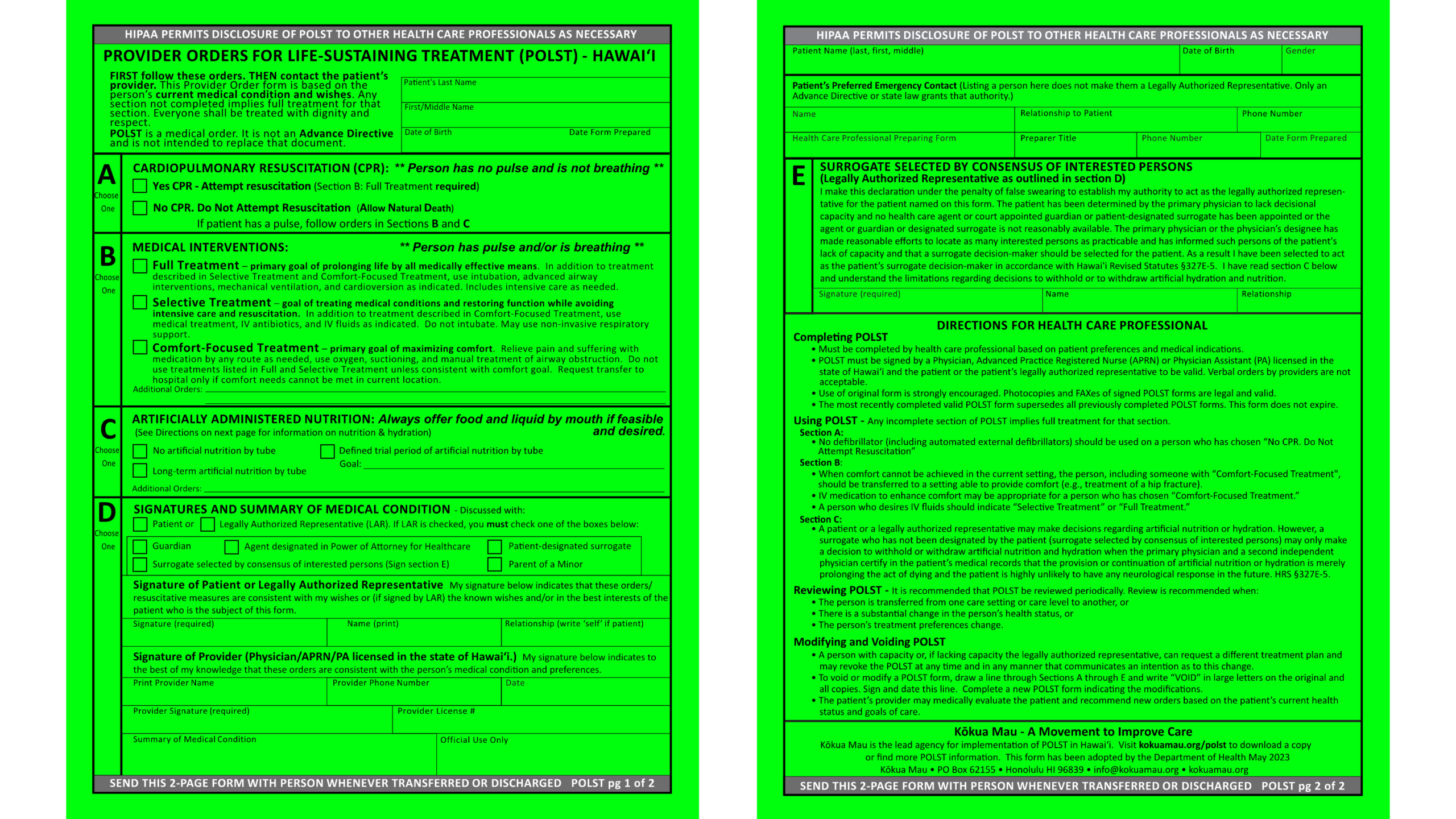 Multilingual POLST Form For Hawaii Kokua Mau