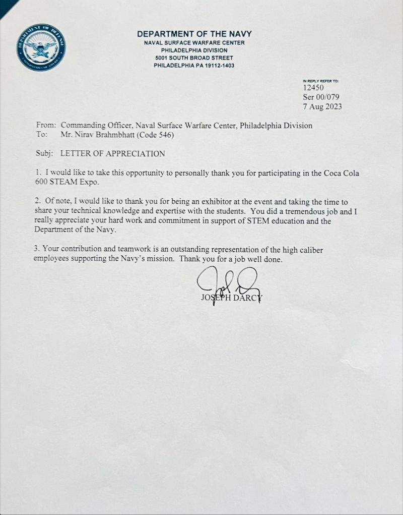 Navsea stem education leadership gratitude cybersecurity Nirav B 