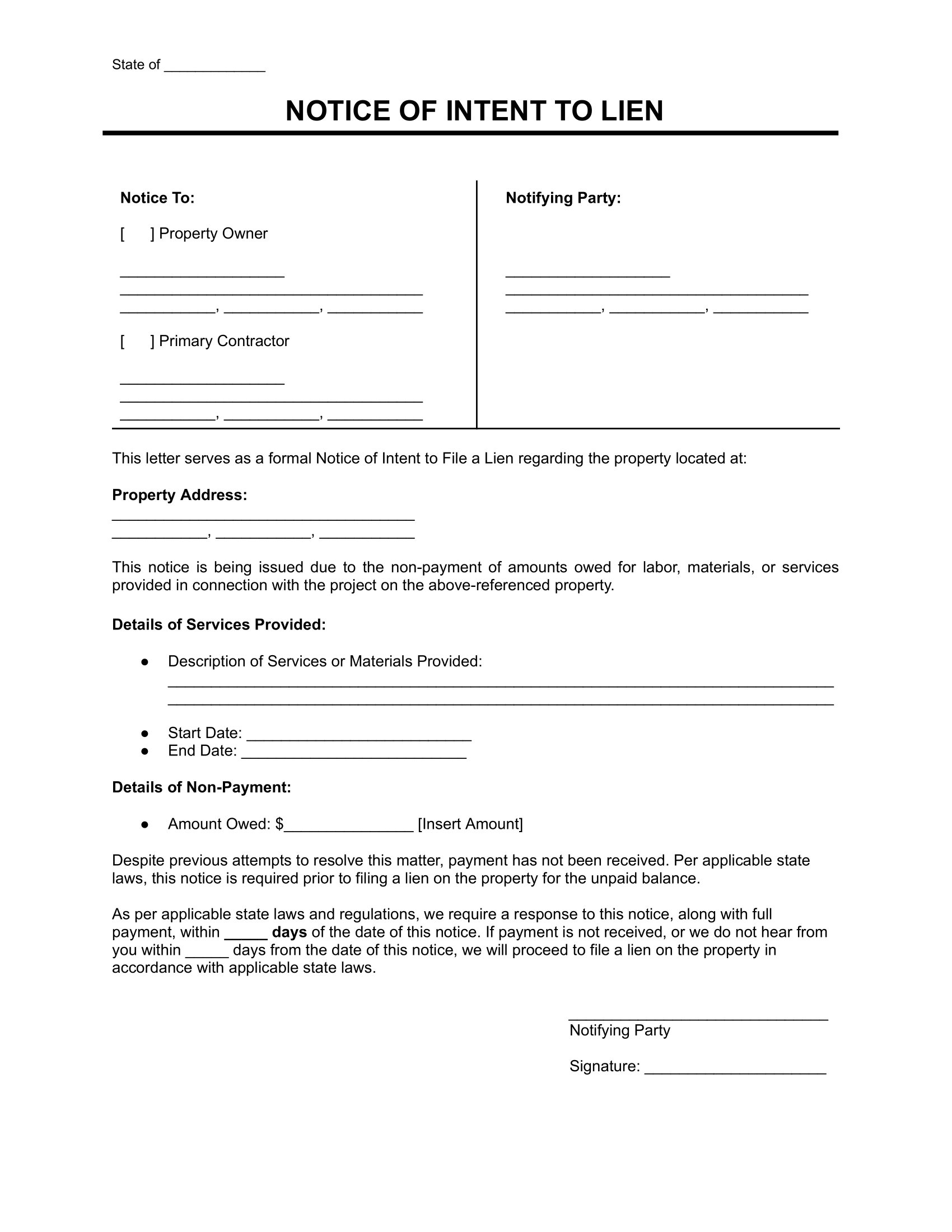 Notice Of Intent To Lien Fill Out Online Print