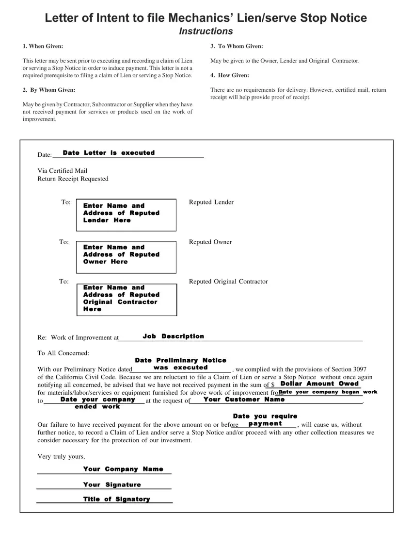 Notice Of Intent To Lien Fill Out Printable PDF Forms