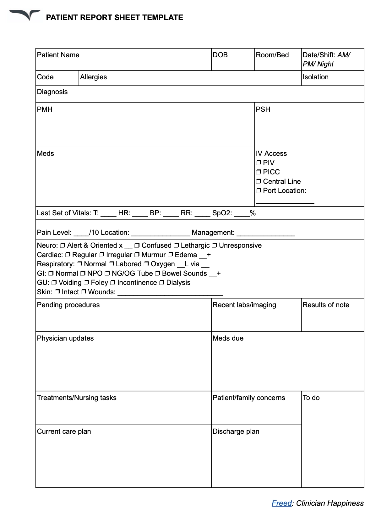 Nursing Report Sheet Template Free Download