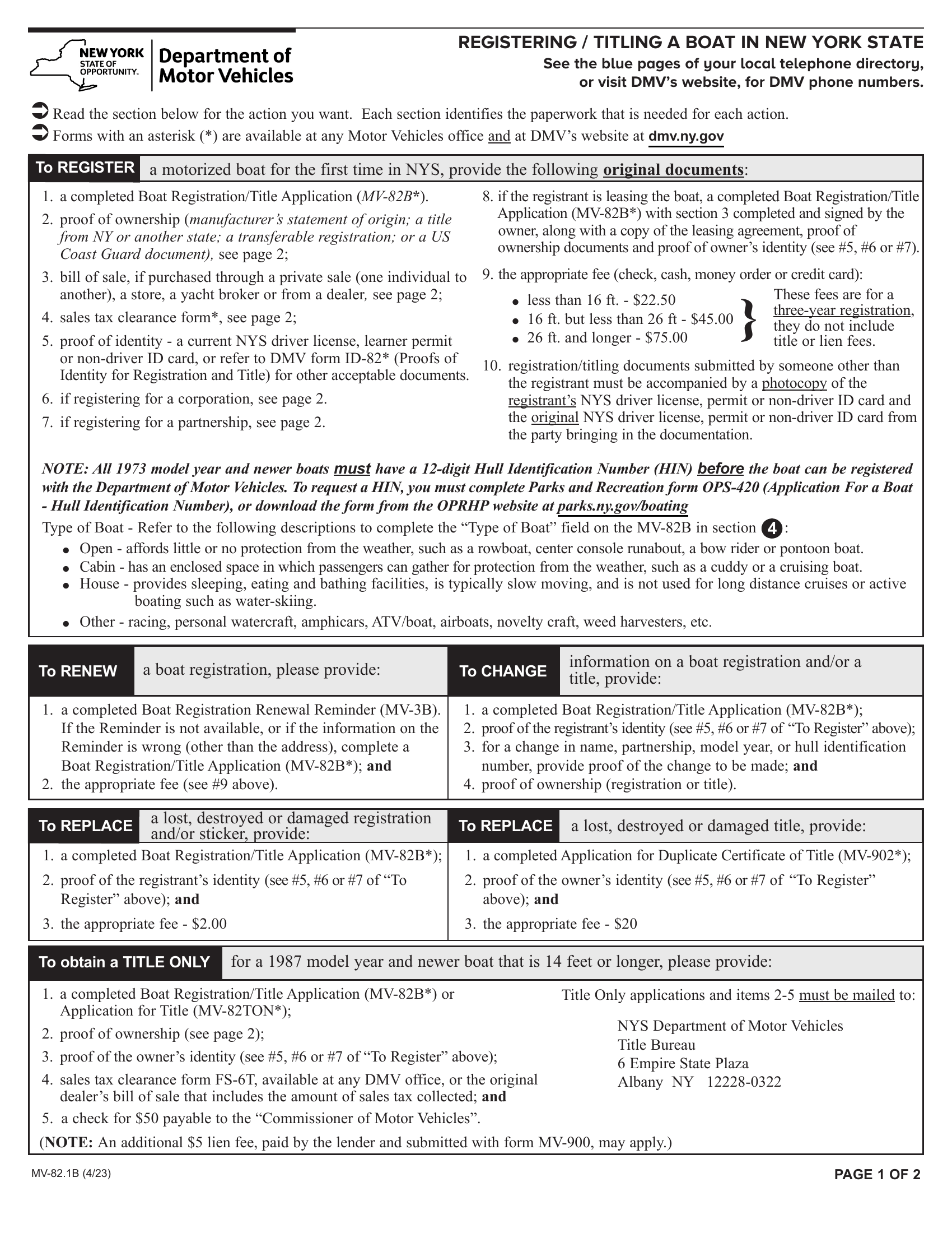NYS DMV Form MV 82 1B Registering Titling A Boat In New York State Document Template