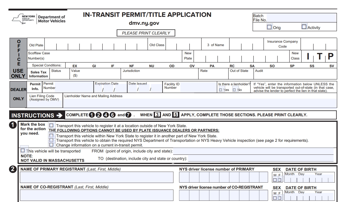 NYS In Transit Permit Form MV 82ITP Plate Express