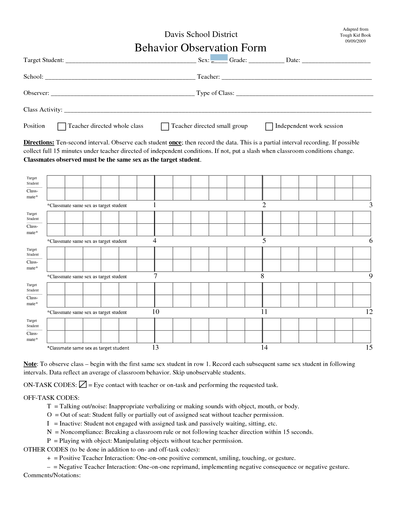 free printable student observation form
