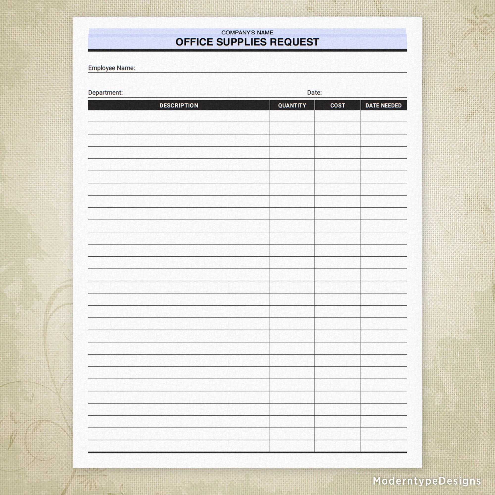 Office Supplies Request Printable Form Personalized