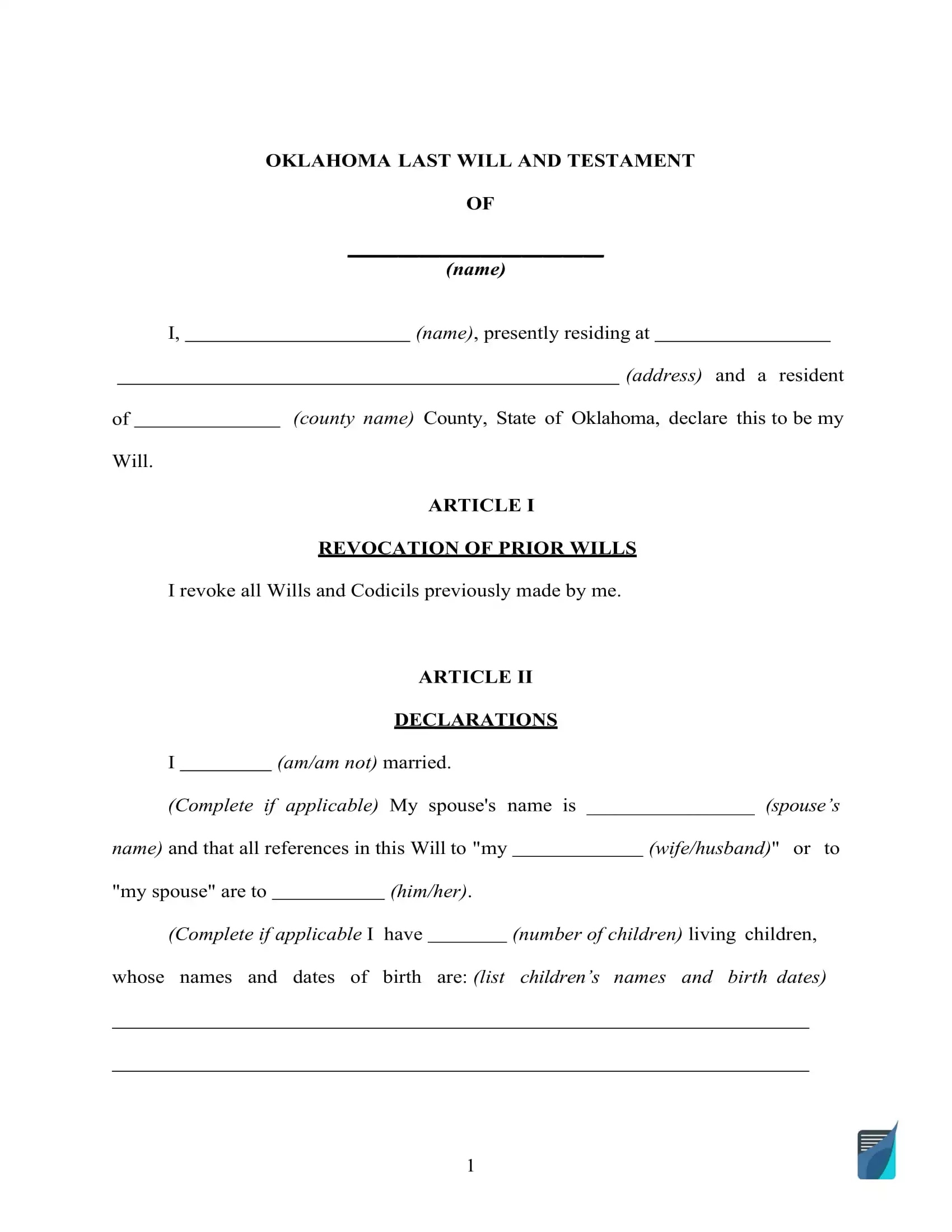 Oklahoma Last Will And Testament Form FREE FormsPal