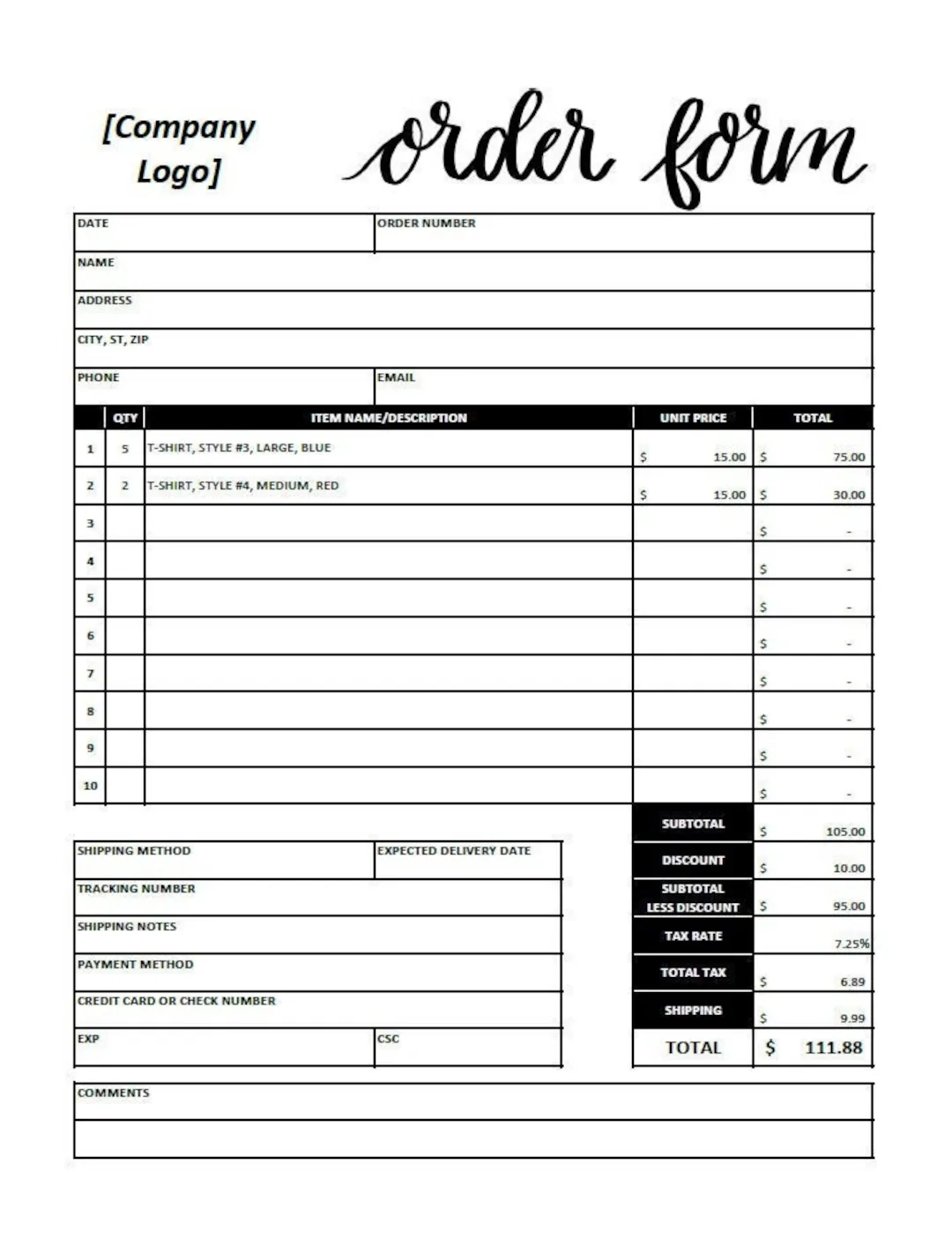 Order Form Template excel Editable Printable Etsy