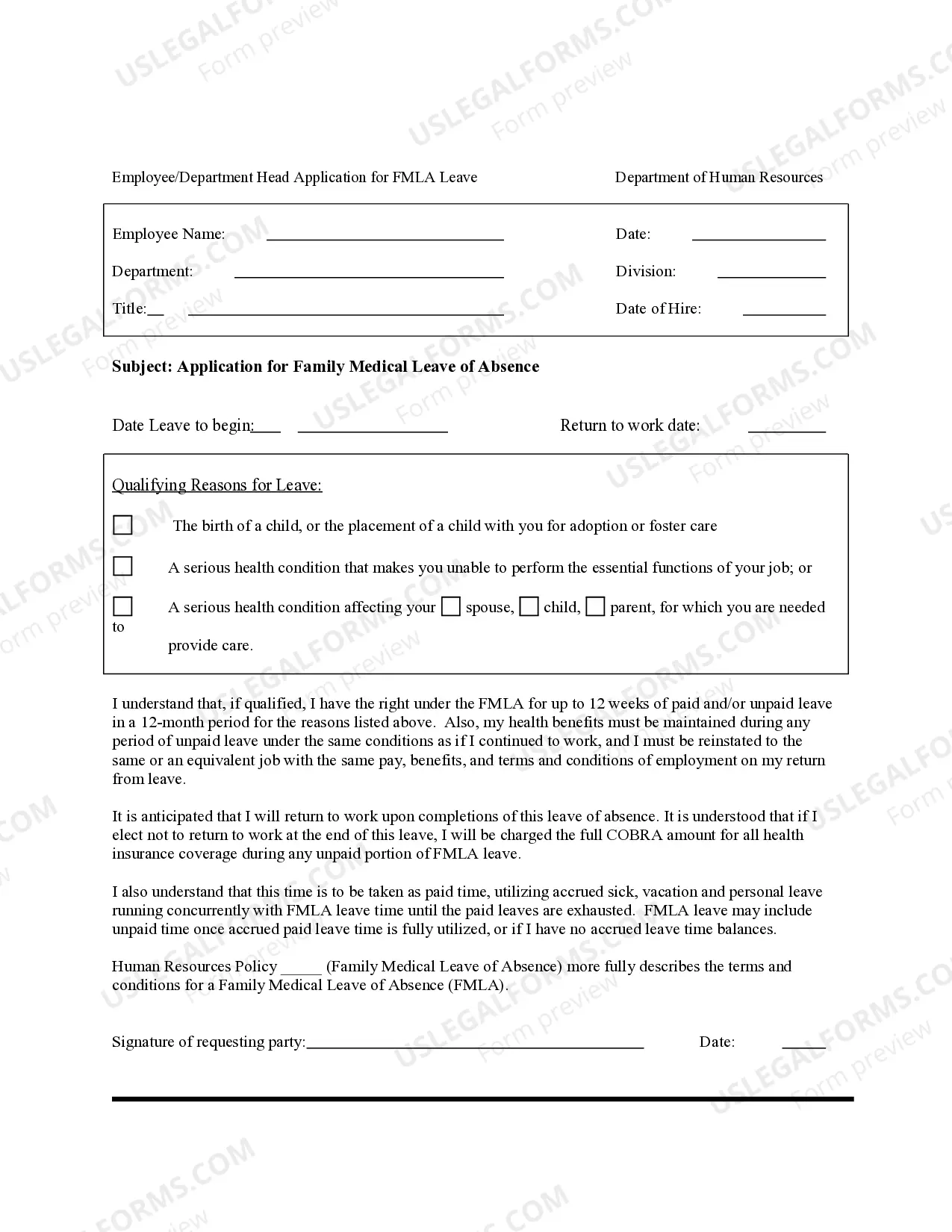 Pennsylvania Application For Family Medical Leave Of Absence US Legal Forms
