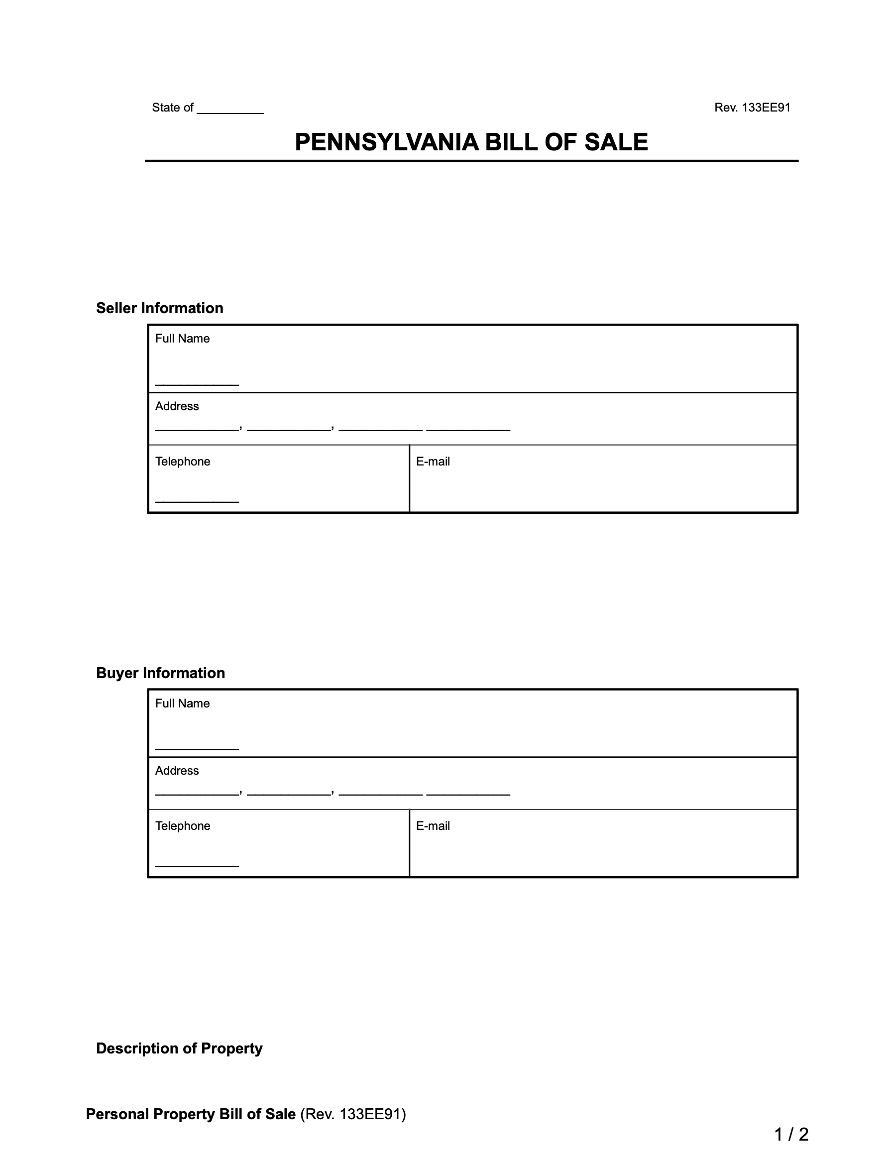 Pennsylvania Bill Of Sale Forms PDF Word
