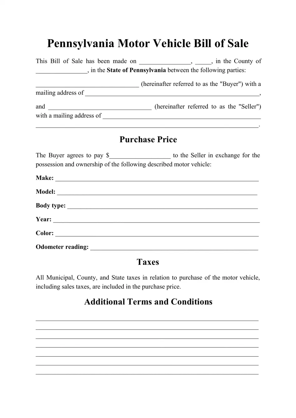 Pennsylvania Motor Vehicle Bill Of Sale Form Fill Out Sign Online And Download PDF Templateroller